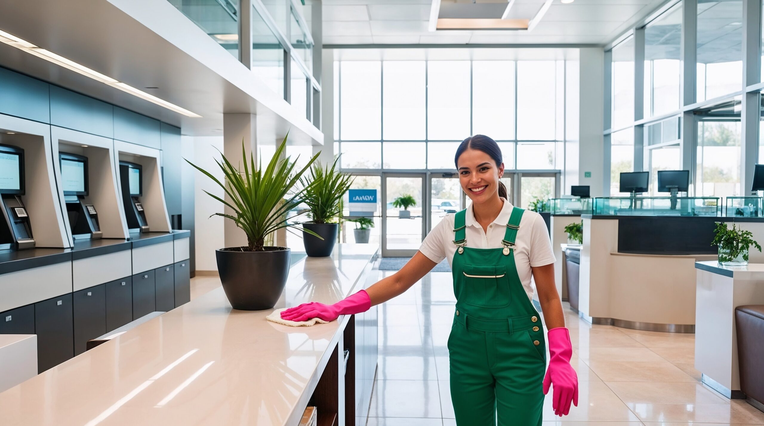 Bank Cleaning Ogden Utah - A smiling female cleaner in a green uniform and pink gloves is wiping down a counter in a bright and spacious bank lobby. The bank’s interior features clean, modern design elements with sleek countertops, automated teller machines (ATMs), and large potted plants that enhance the professional setting. The wide glass doors and windows allow natural light to flood the space, creating an open and welcoming environment. The cleaner’s friendly demeanor and meticulous approach highlight a focus on maintaining a tidy and pleasant banking experience for customers.