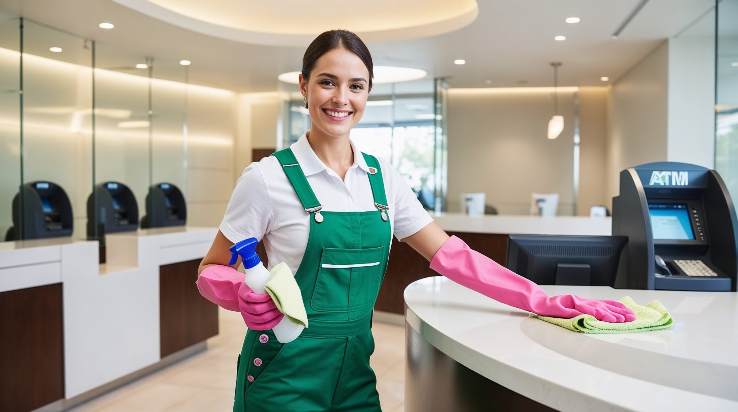 Bank Cleaning Park City Utah – A smiling cleaner is diligently wiping down a countertop in a modern bank lobby, holding a spray bottle and a green cloth. She is dressed in a green overall, white shirt, and pink cleaning gloves, bringing a fresh and sanitized look to the bank environment. The background features ATMs and clean, reflective surfaces, creating a welcoming and professional setting for customers.