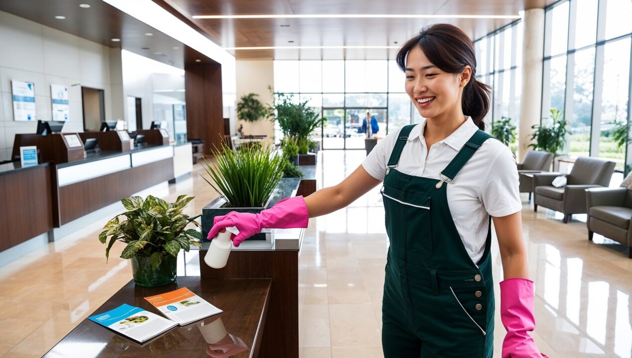 Bank Cleaning Park City Utah - A smiling professional cleaner, who is wearing green overalls, a white shirt and pink gloves, wipes clean a counter in a bank. The brochures nearby are neatly arranged. The floor gleams, spotless and polished. The chairs have been freshly cleaned, as have the other counters and the wide windows.