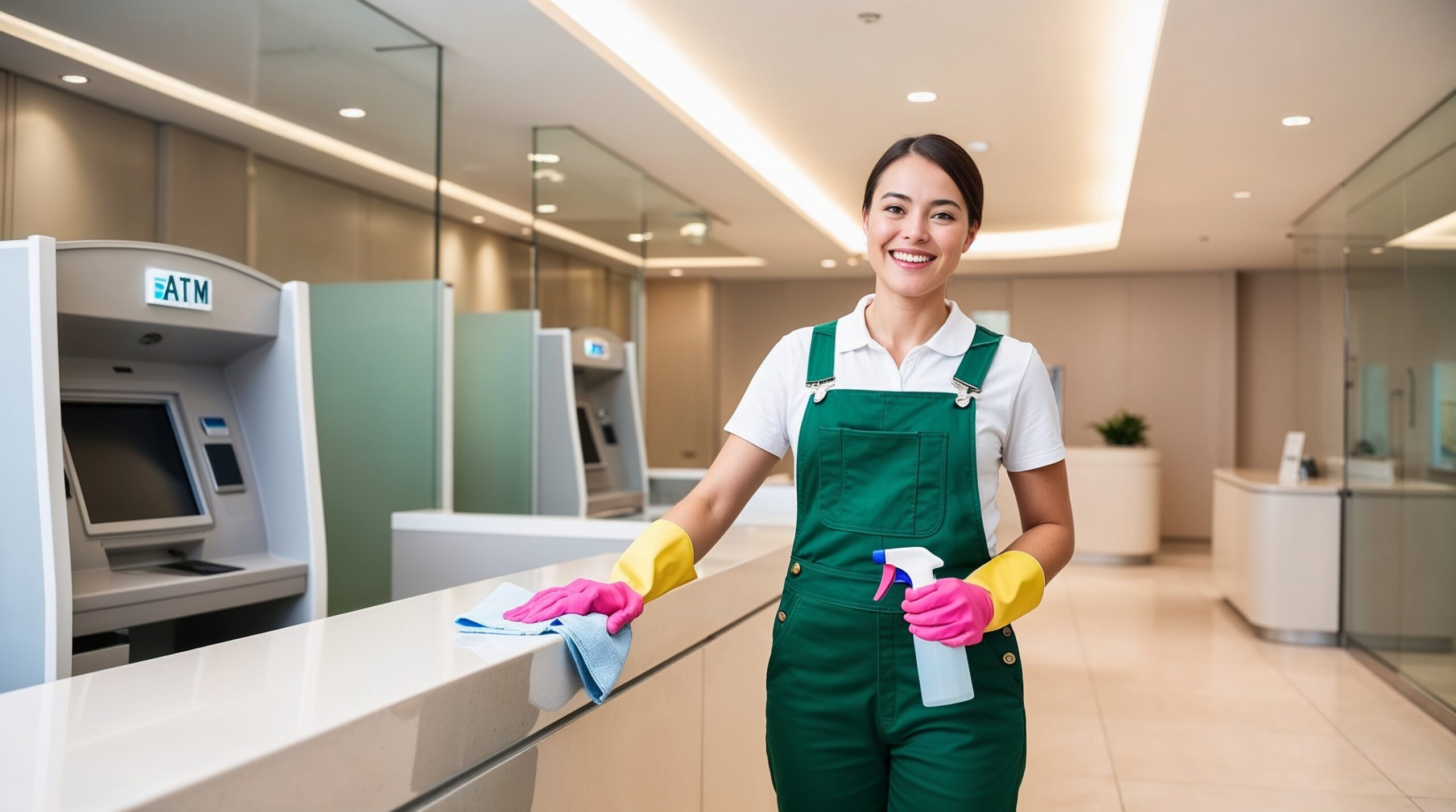 Bank Cleaning Park City Utah – A cheerful cleaner is seen maintaining cleanliness in a bank lobby, standing by a countertop with a spray bottle and cloth. She is dressed in a green overall, white shirt, and yellow-and-pink cleaning gloves, ready to keep the environment spotless. The background includes a modern ATM and clean, minimalist interiors, reflecting a professional and welcoming atmosphere for bank customers.