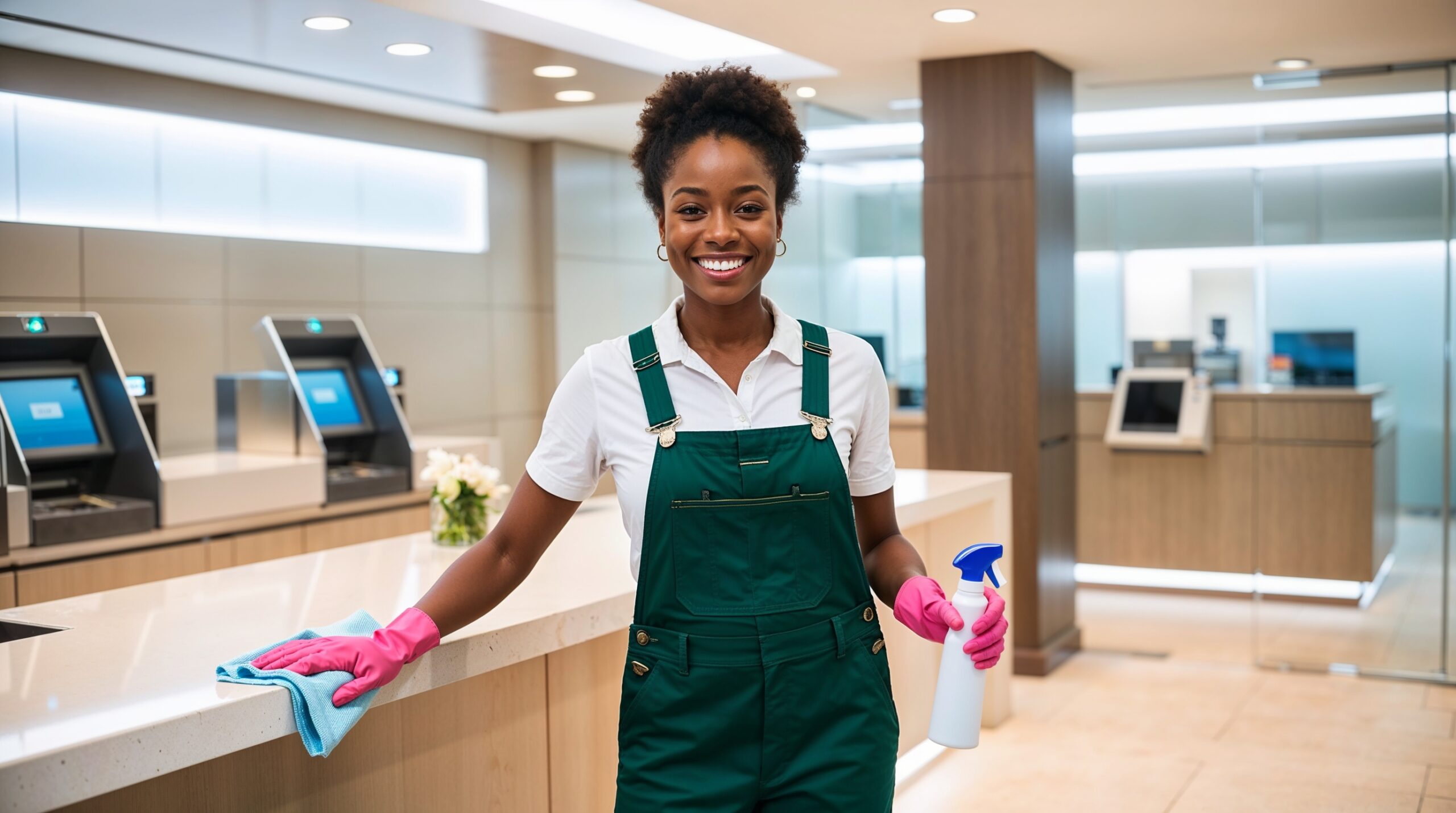 Bank Cleaning Provo Utah - A smiling cleaner in green overalls and pink gloves stands in a modern, well-lit bank lobby, holding a spray bottle and a microfiber cloth. The space features sleek counters, automated teller machines, and a clean, professional design with subtle wood and glass accents. A small vase of white flowers adds a welcoming touch to the spotless environment.