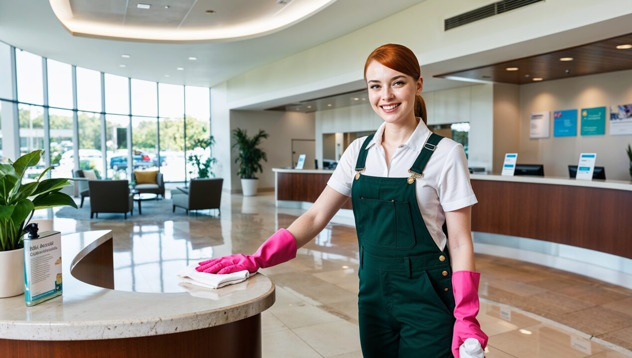 Bank Cleaning Provo Utah. A cheerful professional cleaner in her 20s, wearing dark green overalls, a white shirt, and pink cleaning gloves, smiling as she sanitizes the spacious bank lobby. The area features a sleek teller counter, comfortable seating for customers, informational brochures, and potted plants. The cleaner holds a spray bottle and cloth, carefully wiping down a customer service desk. Natural light filters in through large windows, reflecting off the polished floors and creating a welcoming, professional atmosphere.