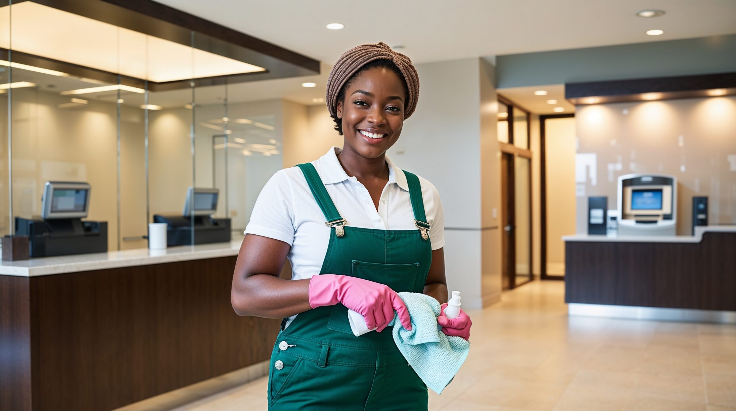 Bank Cleaning Provo Utah - A friendly cleaner wearing green overalls, a white shirt, and pink gloves smiles while holding a spray bottle and cleaning cloth in a modern bank lobby. The environment features polished counters, automated teller machines, and glass partitions, all within a sleek and professional setting. Warm lighting and clean lines highlight the impeccable cleanliness of the space.