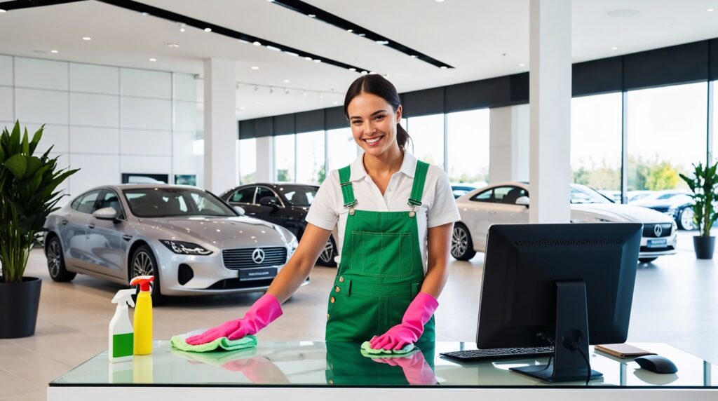 Car Dealership Cleaning Ogden Utah - A smiling female cleaner wearing a green overall and pink gloves wipes down a glass countertop in a bright, modern car dealership showroom. Behind her are several luxury cars, including silver and black models, with large glass windows letting in natural light. On the countertop are cleaning supplies, including a spray bottle and a cloth, along with a computer monitor and a notebook.