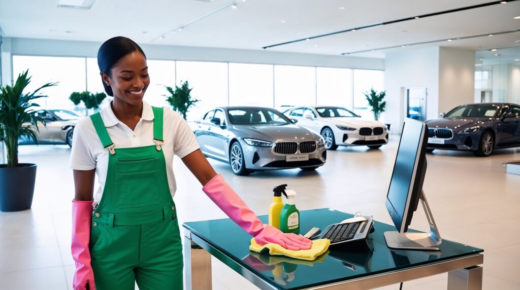 Car Dealership Cleaning Ogden Utah - A cheerful female cleaner in green overalls and pink gloves is cleaning a glass desk in a bright car dealership showroom. She is wiping the surface with a yellow cloth, and nearby are cleaning supplies, including spray bottles. The showroom features several luxury cars in various colors, including silver and blue, with large windows and green potted plants adding to the spacious, modern ambiance. A computer monitor and keyboard sit on the desk she's cleaning.