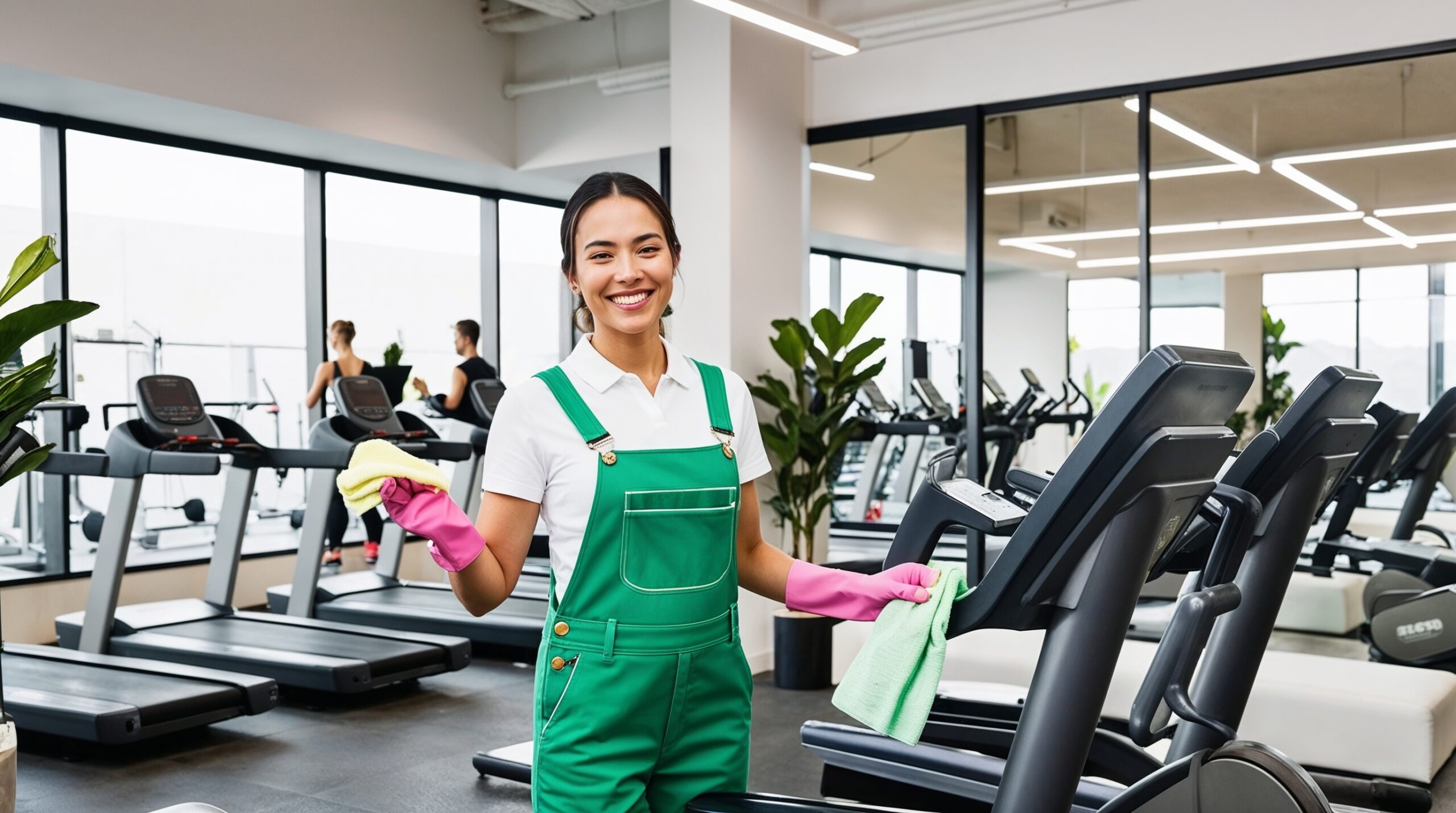 Gym and Fitness Center Cleaning Ogden Utah - A smiling female cleaner in green overalls and pink gloves is cleaning a treadmill in a modern gym. She holds a yellow cloth in one hand and a green cloth in the other. The gym has large windows allowing natural light to fill the space, with several treadmills lined up alongside other fitness equipment. In the background, gym-goers are using exercise machines, and green plants add a touch of nature to the bright, organized workout environment.