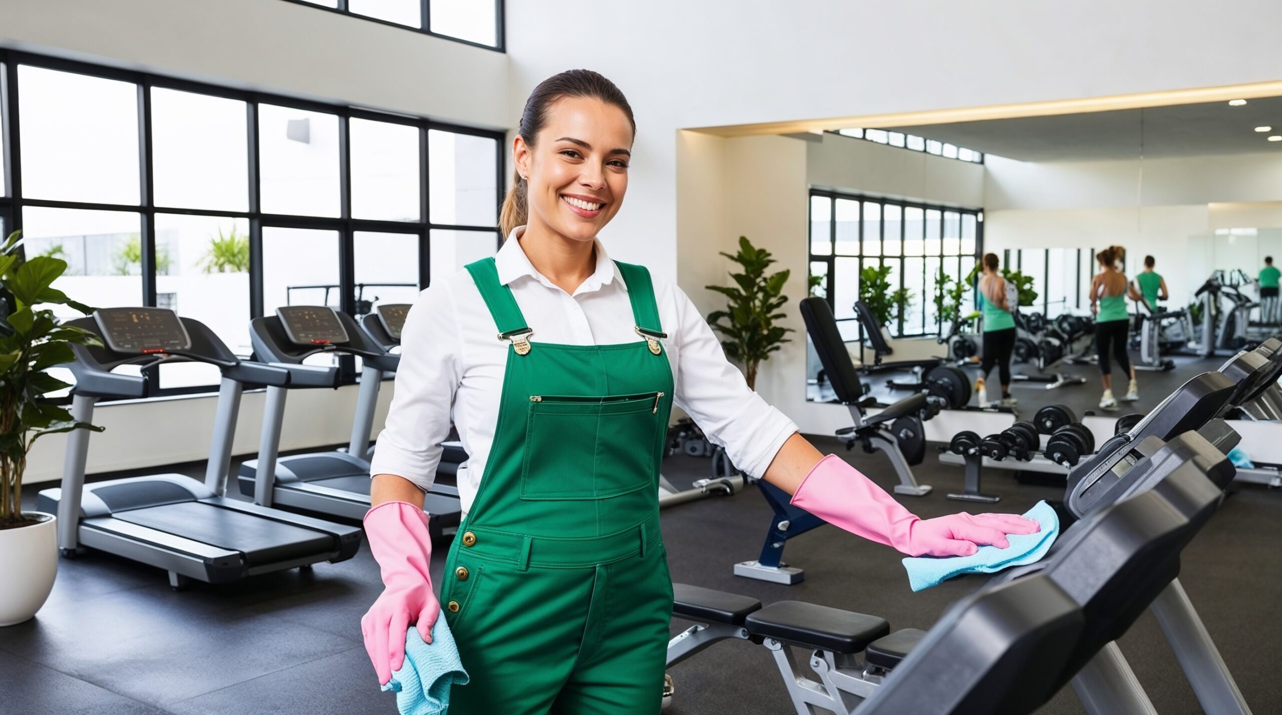 Gym and Fitness Center Cleaning Ogden Utah - A smiling female cleaner wearing a green uniform and pink gloves is seen cleaning a treadmill with a blue cloth in a well-lit fitness center. The background shows various gym equipment, including treadmills and weight machines, with two people exercising. The gym has large windows that let in natural light, and there are potted plants enhancing the space.