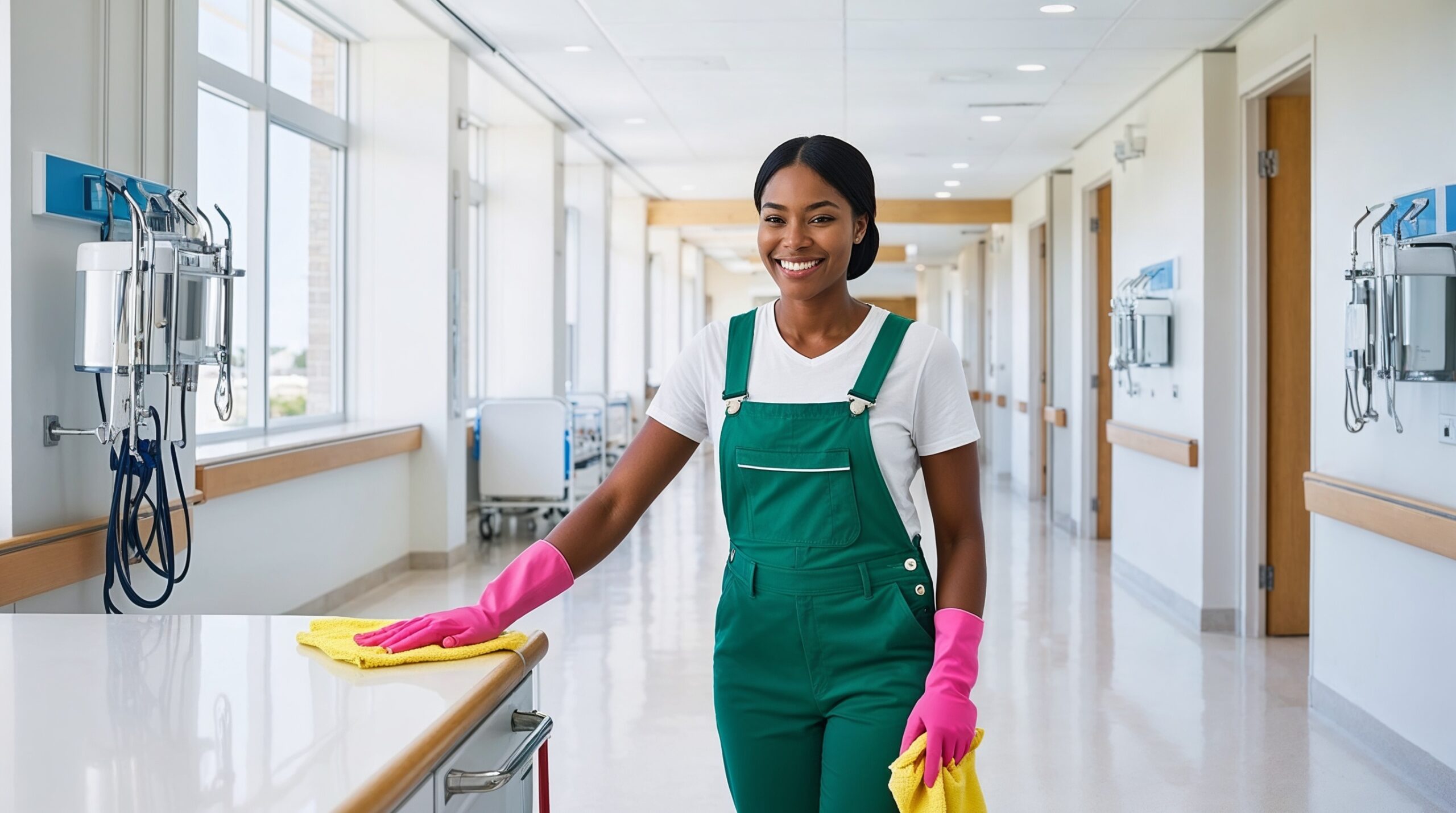 Hospital and Medical Facility Cleaning Ogden Utah - A cheerful female cleaner wearing a green uniform and pink gloves is cleaning a counter in a bright hospital corridor with a yellow cloth. The hallway is spacious and clean, featuring large windows, medical equipment mounted on the walls, and patient beds in the distance. The cleaner is smiling as she maintains the cleanliness of the medical facility.