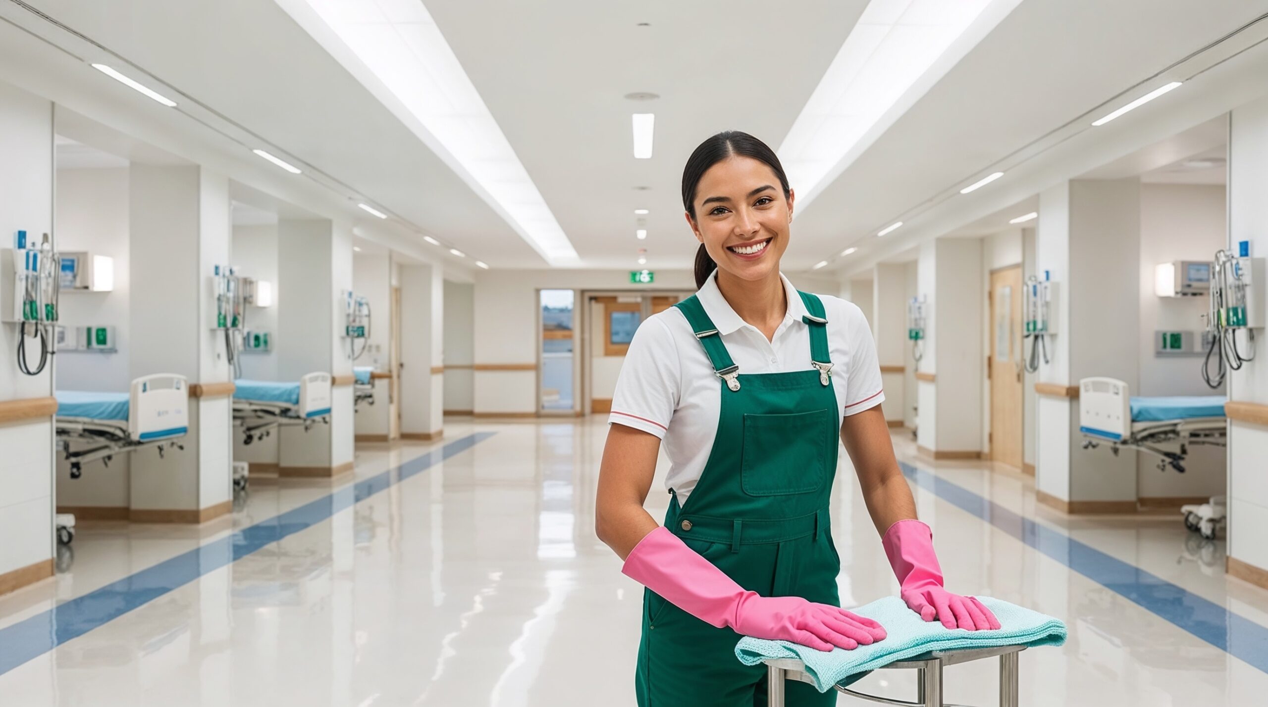 Hospital and Medical Facility Cleaning Ogden Utah - A smiling female cleaner dressed in a green uniform and pink gloves is wiping down a cart with a blue cloth in a bright and spacious hospital hallway. The corridor is well-lit and clean, with medical equipment and patient beds neatly arranged in the background. The worker exudes a friendly and professional demeanor, emphasizing a commitment to maintaining a high standard of cleanliness in the medical facility.