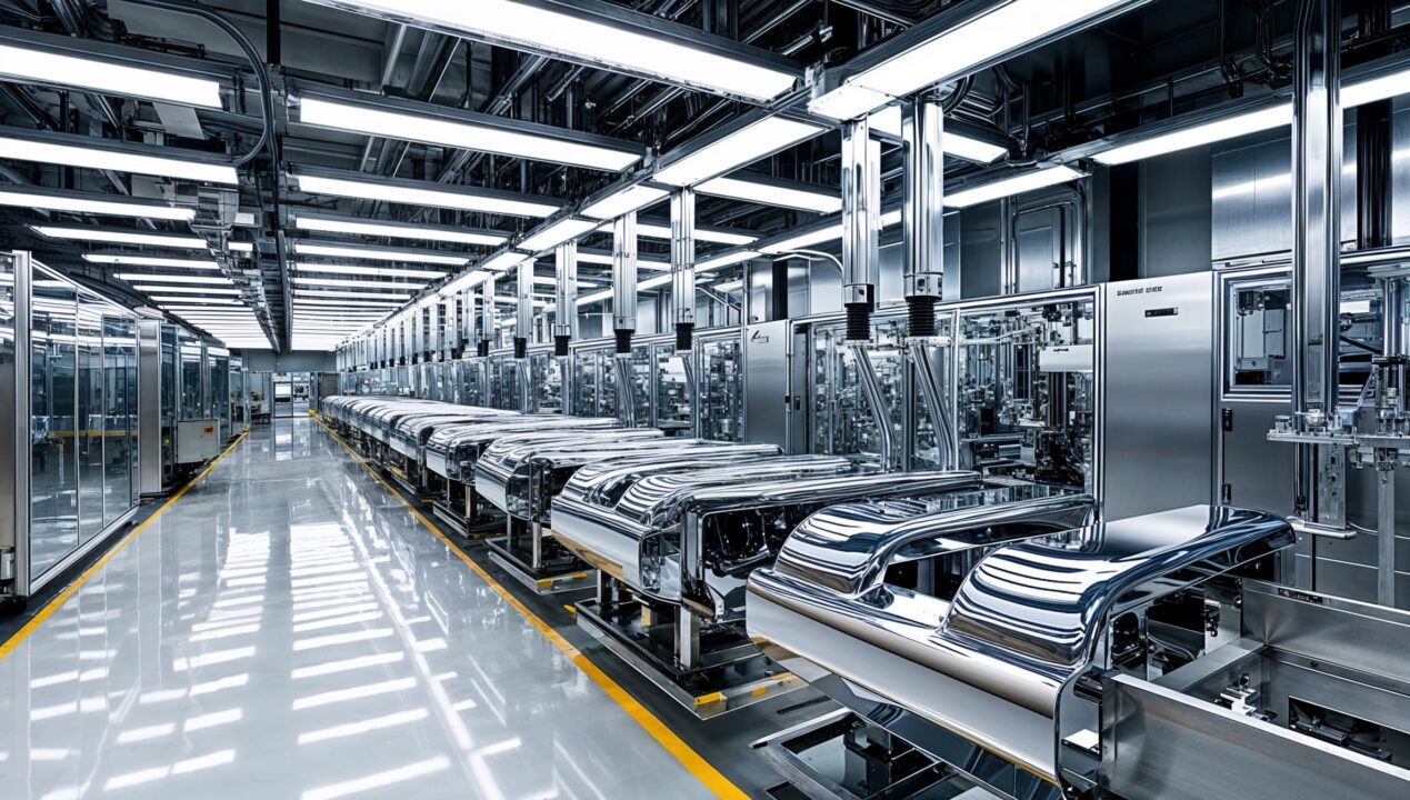 Industrial and Manufacturing Cleaning Ogden - A meticulously gleaming assembly line. The factory floor is spotless, machinery gleaming with chrome and steel. Every part of the production process meticulously organized and optimized.