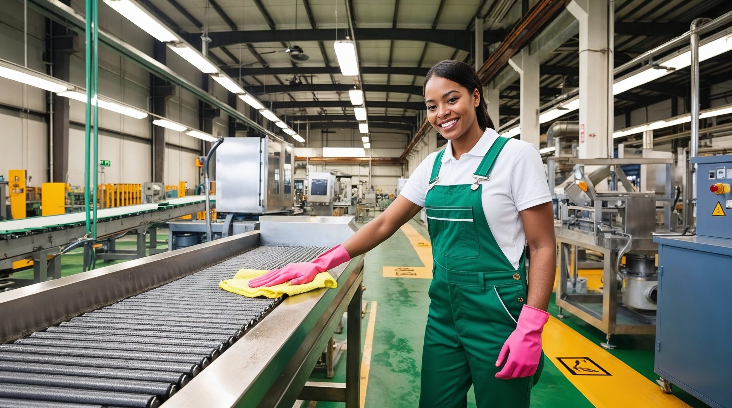 Industrial and Manufacturing Cleaning Ogden Utah - A smiling female cleaner in a green uniform and pink gloves is wiping down a conveyor belt in a large industrial facility. The factory setting features machinery, assembly lines, and clean, organized pathways marked for safety. The cleaner’s professional appearance and attention to detail emphasize a commitment to maintaining a safe and hygienic work environment for the facility’s operations and employees.