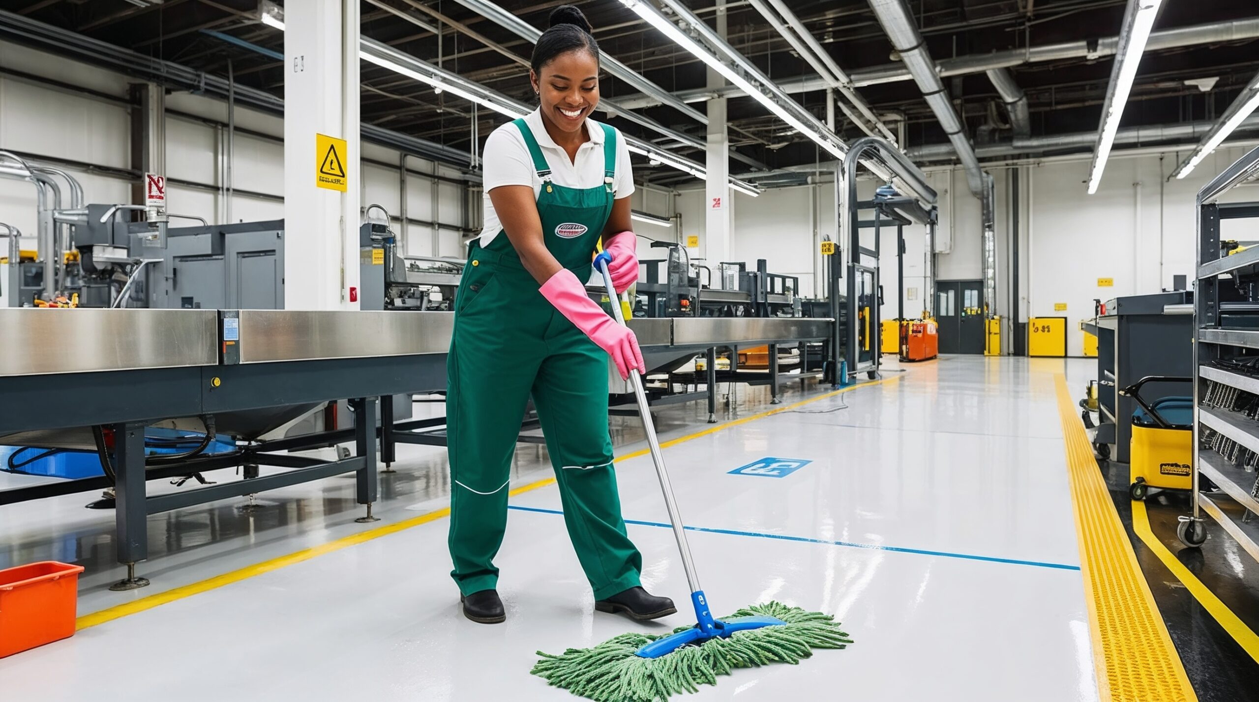 Industrial and Manufacturing Cleaning Ogden Utah - A smiling female cleaner in a green uniform and pink gloves is mopping the polished floor of a large industrial facility. The facility is equipped with heavy machinery, organized pathways, and safety signs, emphasizing a clean and well-maintained environment. The cleaner’s professional and attentive approach to her work reflects a focus on upholding hygiene and safety standards within the manufacturing setting, ensuring a safe workspace for employees and efficient operations.