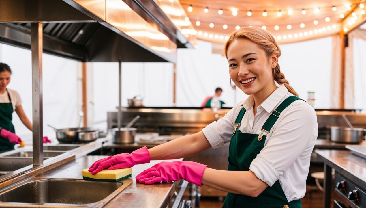 Janitorial Services American Fork. A cheerful cleaner in dark green overalls, white shirt, and pink cleaning gloves, smiling as she cleans a bustling pop-up kitchen area. The space includes stainless steel counters and cooking equipment. The cleaner is scrubbing down a counter with a sponge, ensuring the preparation area is spotless and hygienic.