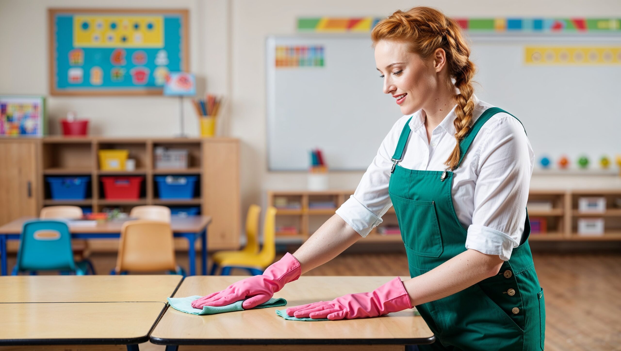 Janitorial Services American Fork. A professional cleaner in dark green overalls, a white shirt, and pink cleaning gloves, smiling as she cleanss a preschool classroom. The area features a white board and shelving for materials. The cleaner sprays and wipes down a table, emphasizing cleanliness and a welcoming environment for the children.  