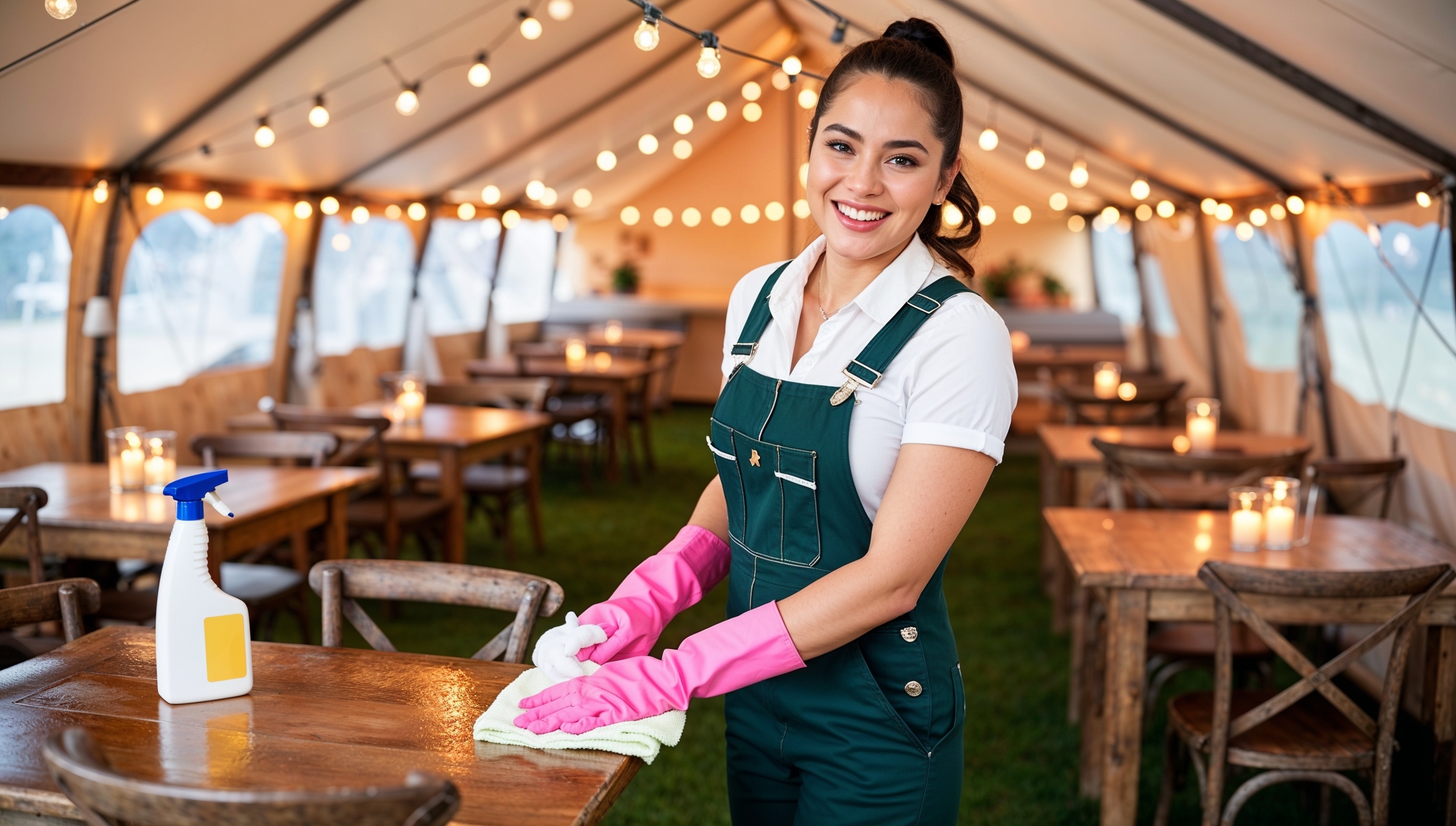 Janitorial Services Brigham City. A cheerful cleaner in dark green overalls with a white shirt and pink cleaning gloves, smiling as she cleans inside a cozy pop-up restaurant dining tent. The tent is filled with small, candlelit tables, rustic wooden chairs, and string lights hanging from above. The cleaner carefully wipes down a table with a cloth and spray bottle, making sure each surface is fresh and ready for diners. The warm glow of the string lights creates an inviting, intimate atmosphere.