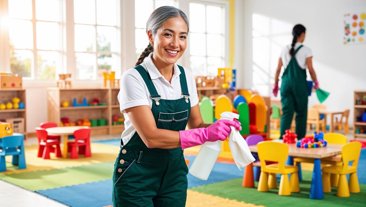 Janitorial Services Brigham City. A cheerful cleaner in dark green overalls, a white shirt, and pink cleaning gloves, smiling as she tidies up a colorful daycare playroom. The space is filled with toys, activity tables, and small chairs, all carefully arranged. Sunlight streams through large windows, casting a warm, cheerful glow over the vibrant decorations and neatly organized toys.