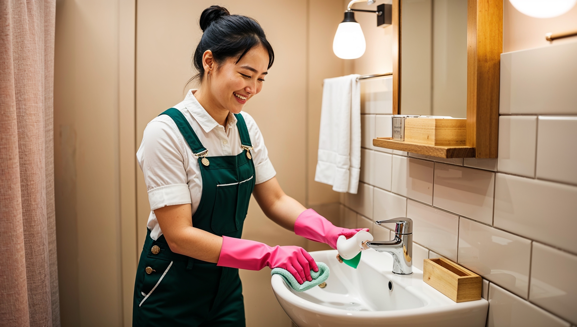 Janitorial Services Clearfield - A cheerful professional cleaner clad in green overalls and pink gloves smiles down at her work, as she scrubs clean a shining white sink in a cafe bathroom. The white tiles and mirror also gleam with their spotless state.