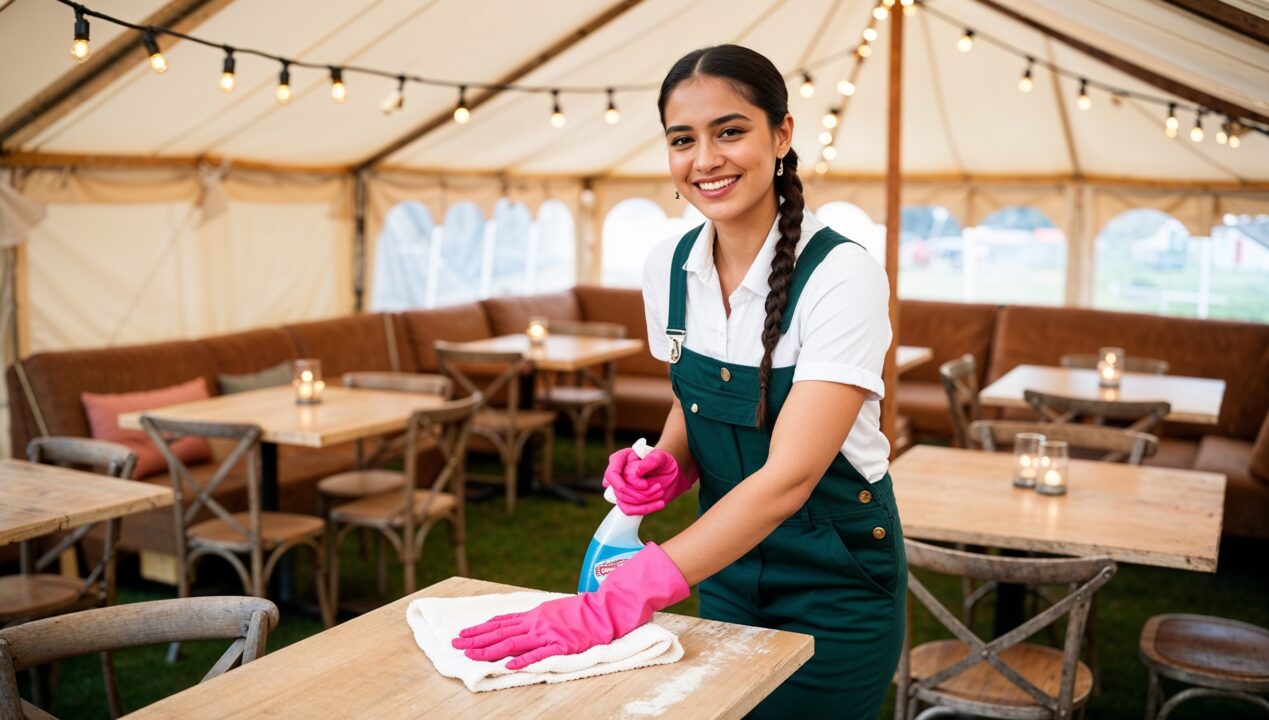 Janitorial Services Cottonwood Heights. A professional cleaner in dark green overalls with a white shirt and pink cleaning gloves, smiling as she cleans inside a cozy pop-up restaurant dining tent. The tent is filled with small, candlelit tables, rustic wooden chairs, and string lights hanging from above. The cleaner carefully wipes down a table with a cloth and spray bottle, making sure each surface is fresh and ready for diners. The warm glow of the string lights creates an inviting, intimate atmosphere.