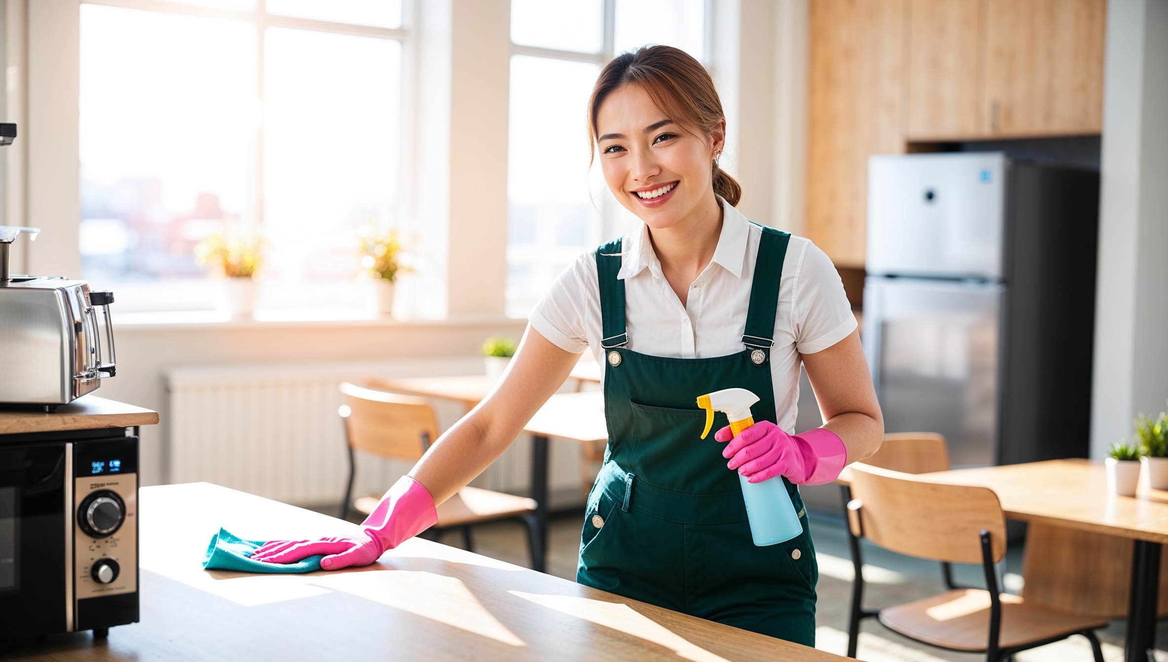 Janitorial Services Cottonwood Heights. A professional cleaner in dark green overalls with a white shirt and pink cleaning gloves, smiling as she tidies a shared break room in a multi-tenant office. The room features a coffee machine, microwave, tables, chairs, and a refrigerator for tenant use. The cleaner carefully wipes down a countertop with a spray bottle and cloth, ensuring a hygienic space for employees.