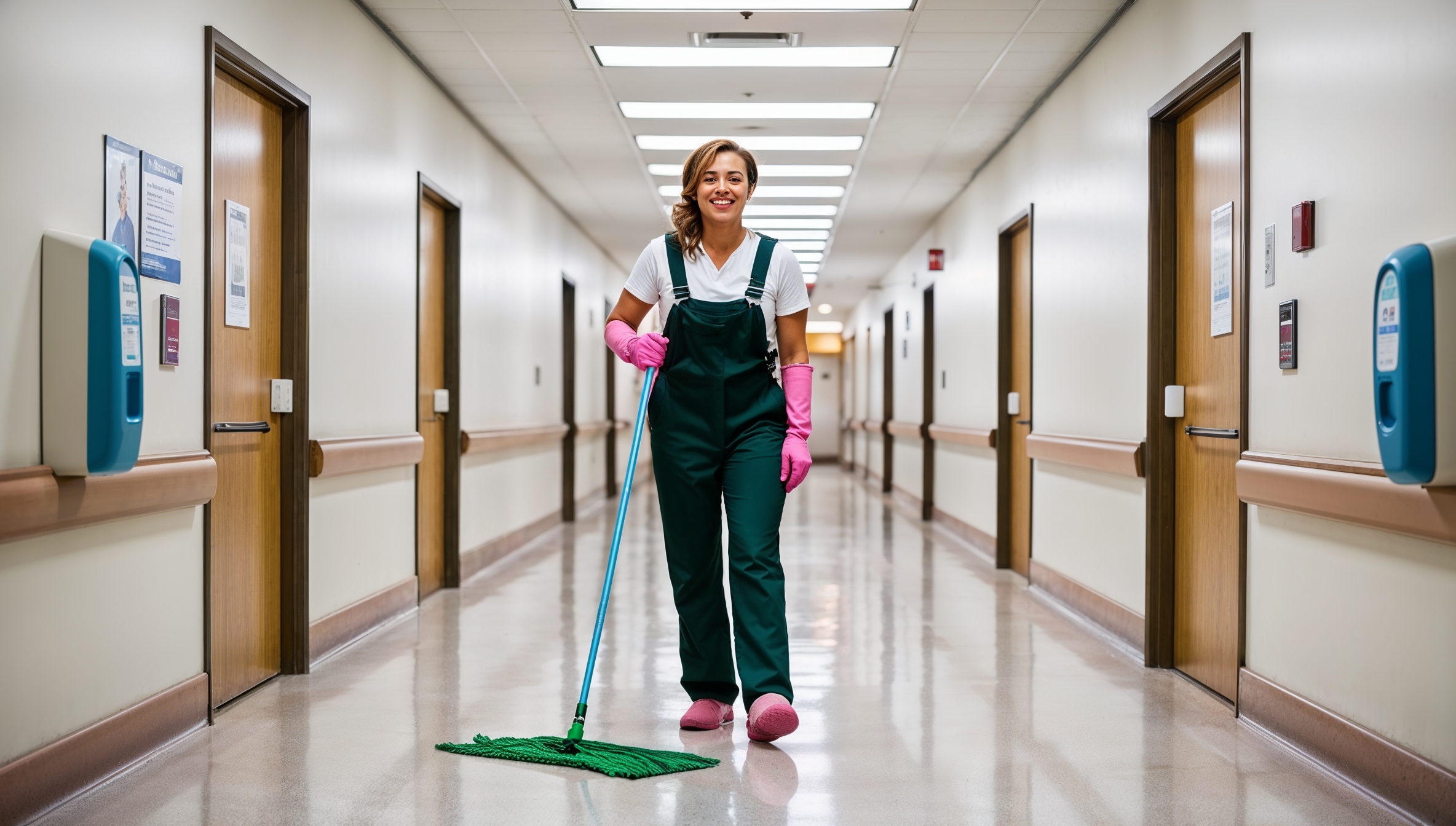 Janitorial Services Daybreak. A cheerful cleaner in dark green overalls with a white shirt and pink cleaning gloves, smiling as she cleans a long hospital hallway. The corridor is lined with patient room doors, informational signs, and hand sanitizing stations. The cleaner is using a mop and bucket, making sure the floors are spotless and safe. Overhead fluorescent lights illuminate the corridor, highlighting the pristine, well-maintained environment.