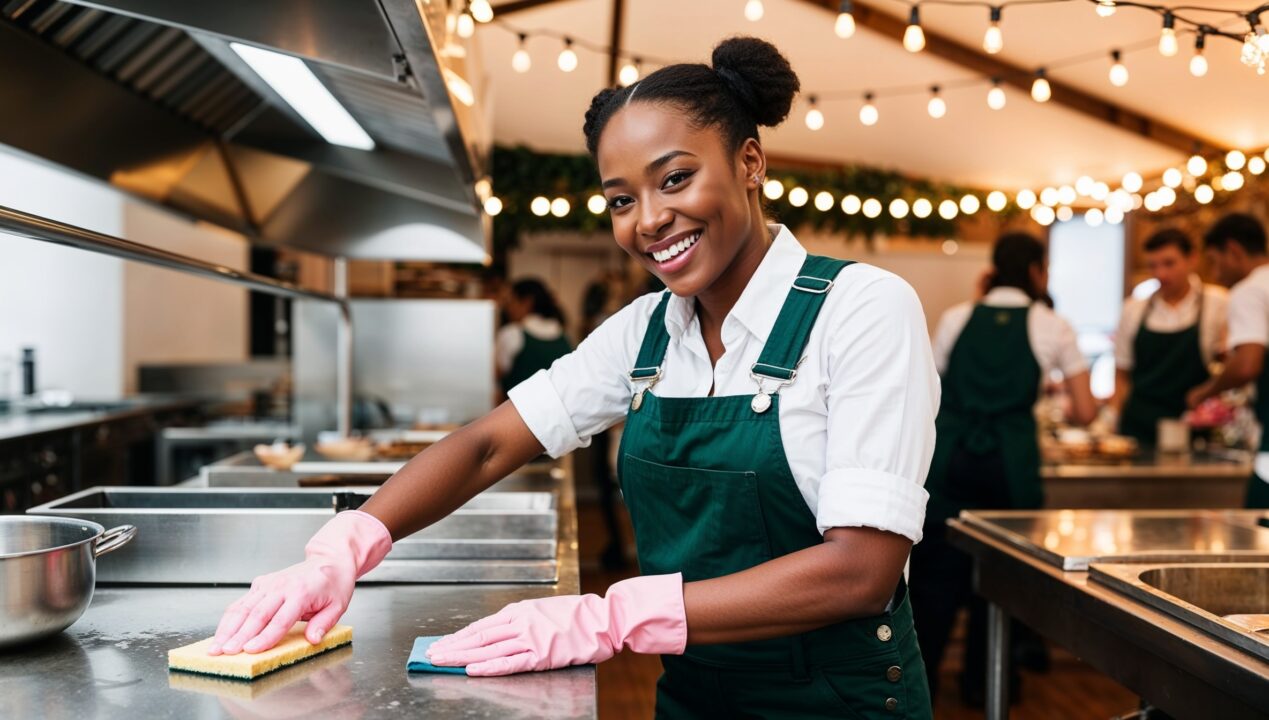 Janitorial Services Daybreak. A cheerful cleaner in dark green overalls, white shirt, and pink cleaning gloves, smiling as she cleans a bustling pop-up kitchen area. The space includes stainless steel counters, cooking equipment, and fresh ingredients on display. The cleaner is scrubbing down a counter with a sponge, ensuring the preparation area is spotless and hygienic.