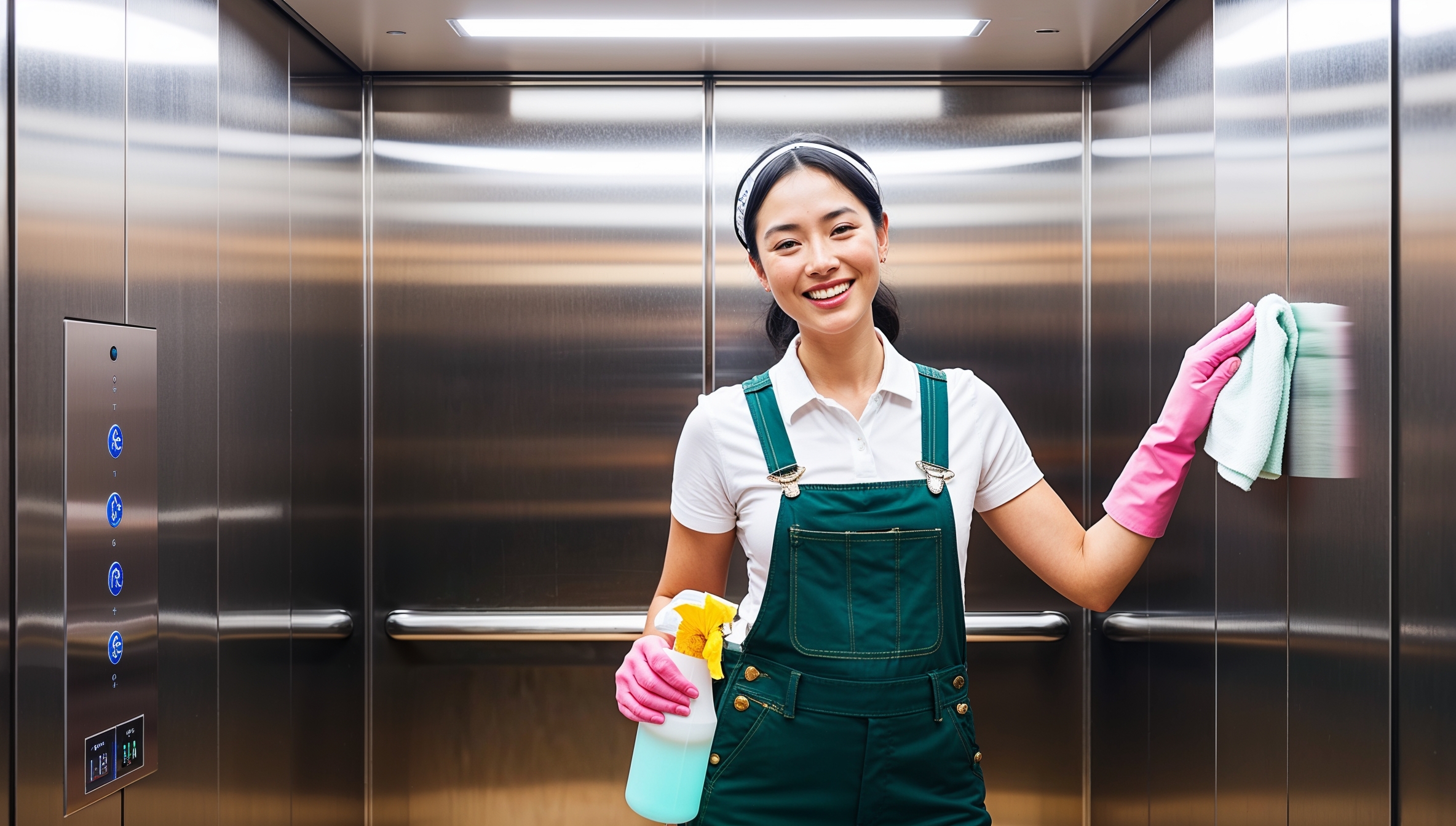 Janitorial Services Daybreak. A cheerful cleaner in dark green overalls with a white shirt and pink cleaning gloves, smiling as she meticulously cleans the interior of a spacious elevator. The elevator walls are made of sleek metal, with a mirrored back panel and a control panel on the side. The cleaner holds a spray bottle and a cloth, carefully wiping down the buttons and handrails, ensuring every surface is sanitized and gleaming. Soft overhead lighting reflects off the polished metal.