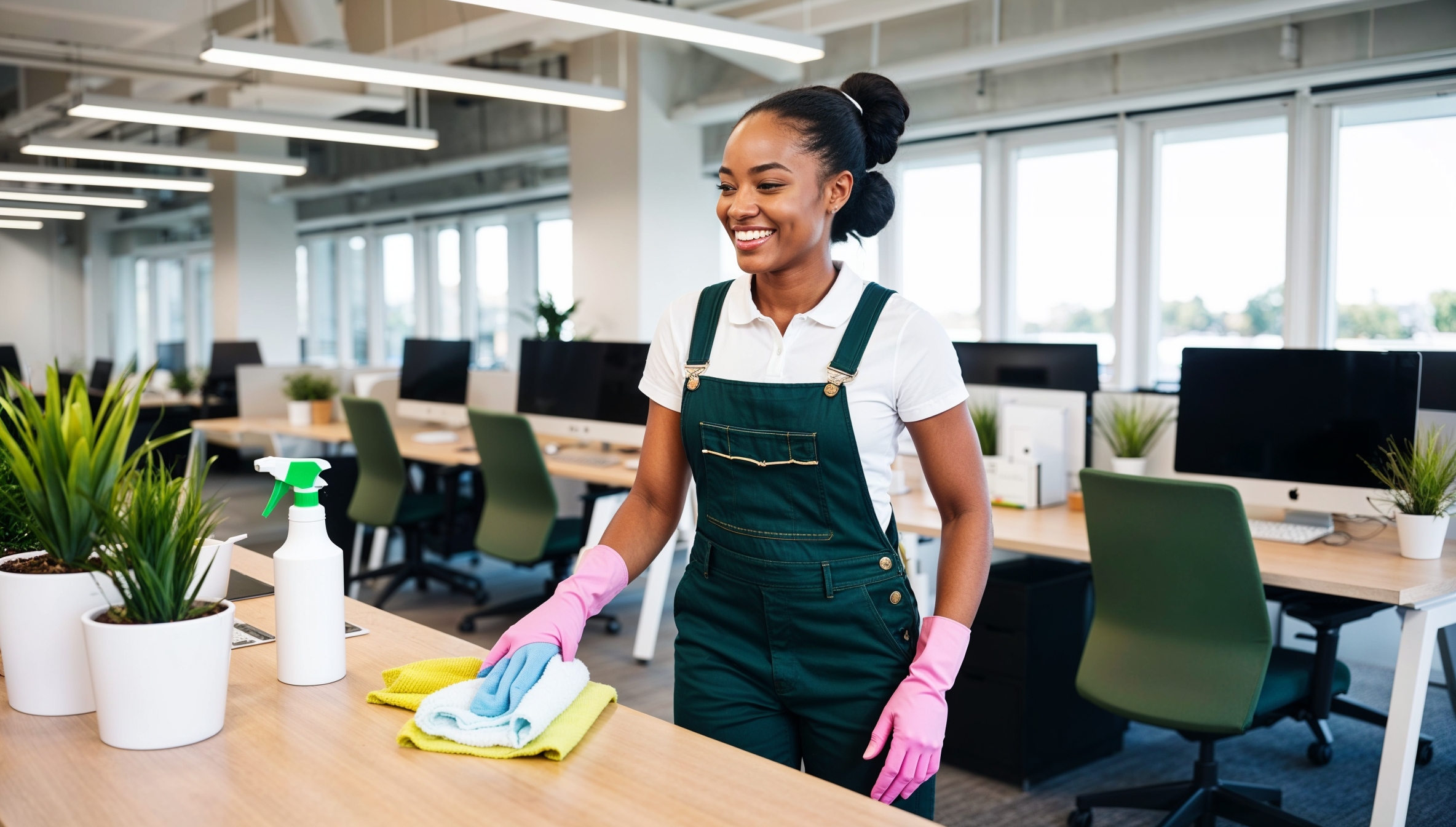 Janitorial Services Draper. A cheerful cleaner in dark green overalls with a white shirt and pink cleaning gloves, smiling as she cleans a shared workspace area in a multi-tenant office. The space features clusters of desks with computers, potted plants, and office supplies. The cleaner uses a spray bottle and cloth to wipe down one of the shared desks, ensuring cleanliness for the tenants. Large windows bring in plenty of daylight, emphasizing the open and collaborative feel of the clean, well-organized area.