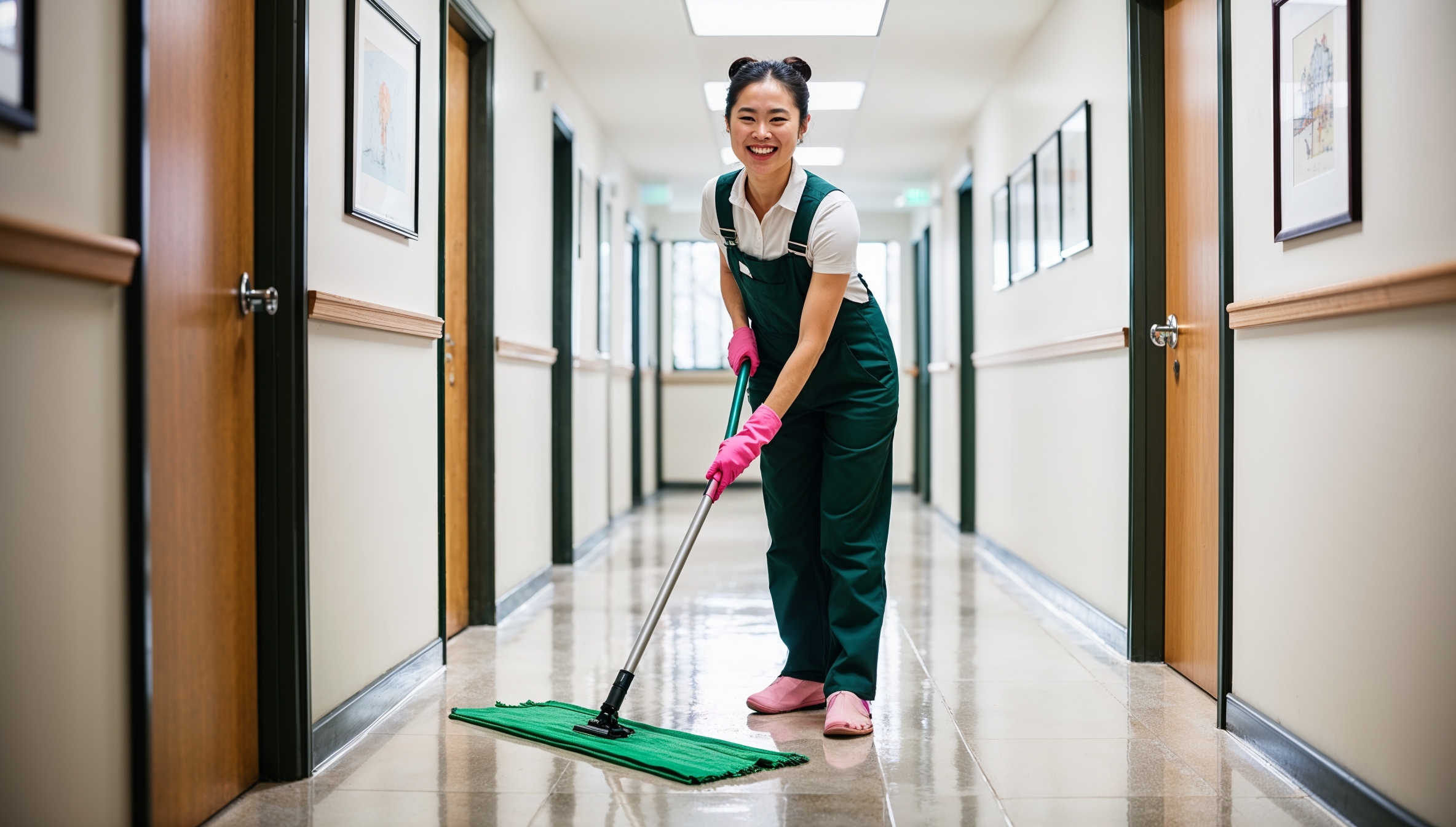 Janitorial Services Draper. A cheerful cleaner in dark green overalls, a white shirt, and pink cleaning gloves, smiling as she cleans a hallway in a university dormitory. The cleaner mops the floor carefully, ensuring it’s safe and tidy.