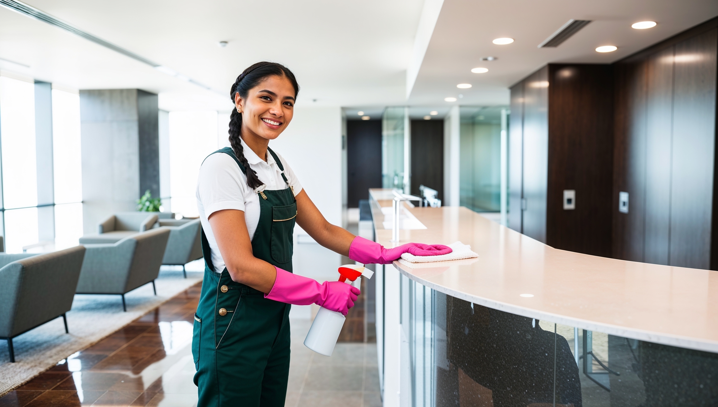 Janitorial Services Eagle Mountain. A cheerful cleaner in dark green overalls with a white shirt and pink cleaning gloves, smiling as she sanitizes the reception area of a bustling office. The space has a sleek front desk and a seating area. The cleaner holds a spray bottle and cloth, meticulously wiping down the reception counter. Large windows let in natural light, highlighting the cleans floors and creating a welcoming, professional atmosphere.