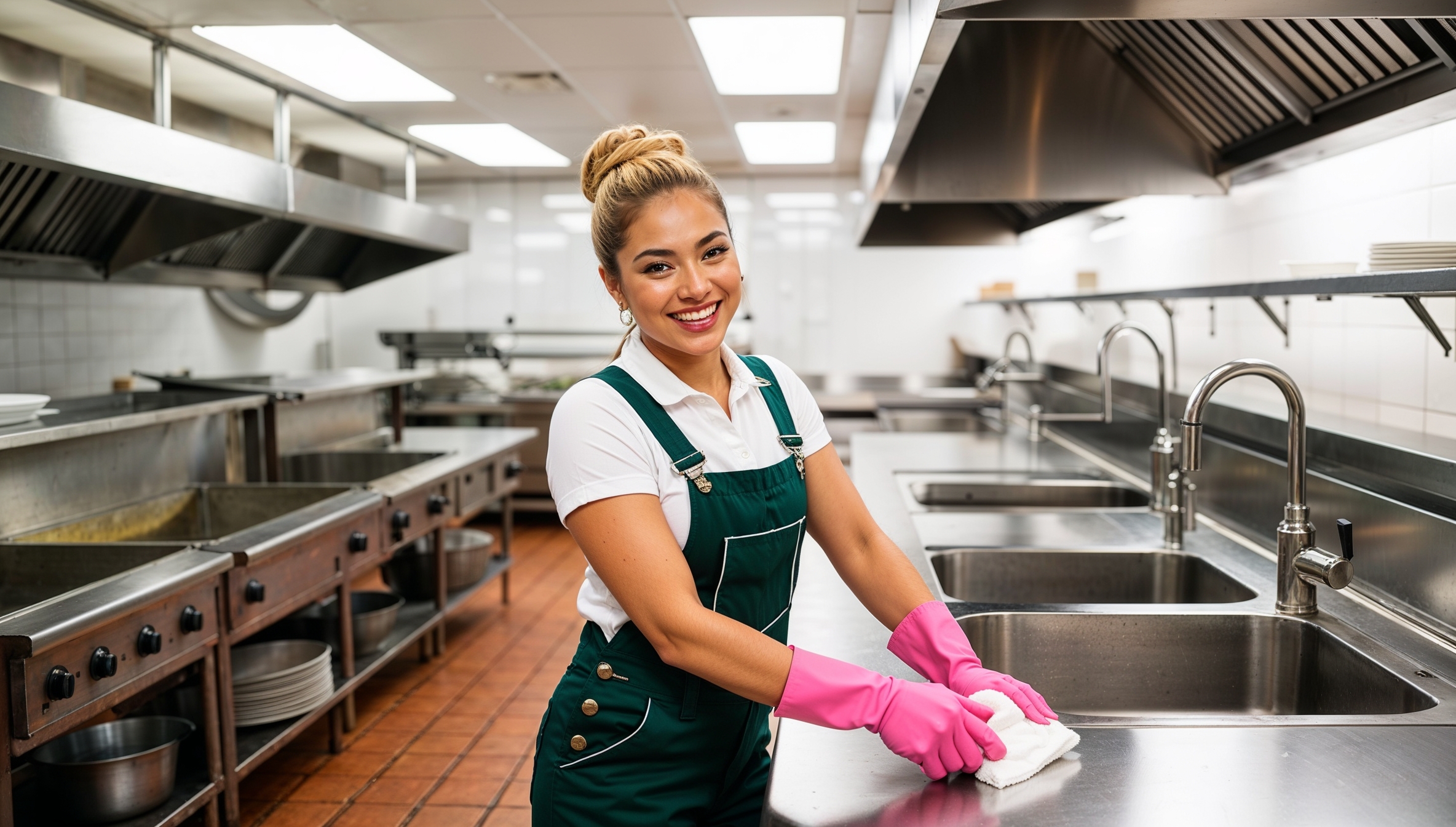 Janitorial Services Heber City - A cheerful professional cleaner wearing green overalls, a white shirt, and pink gloves smiles at the viewer as she wipes at an industrial counter in a restaurant kitchen. The steel and chrome appliances, counters, and sinks behind her have been freshly cleaned and gleam as a testament to her industriousness. 