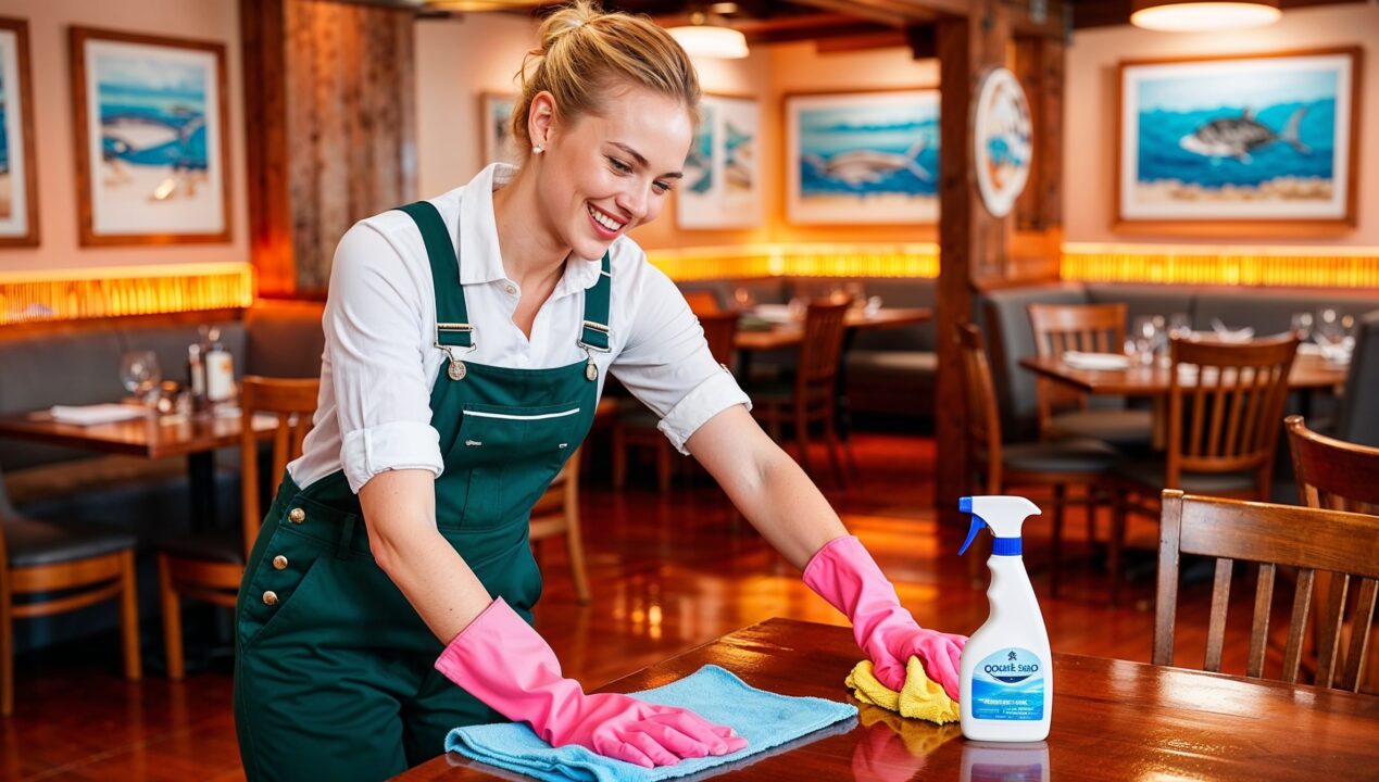 Janitorial Services Heber City - A cheerful professional cleaner clad in green overalls and wearing pink gloves dutifully wipes and sanitizes a table in a seafood restaurant's dining area. The tables and booths behind her have been meticulously and freshly cleaned, and the floor shines with polish.