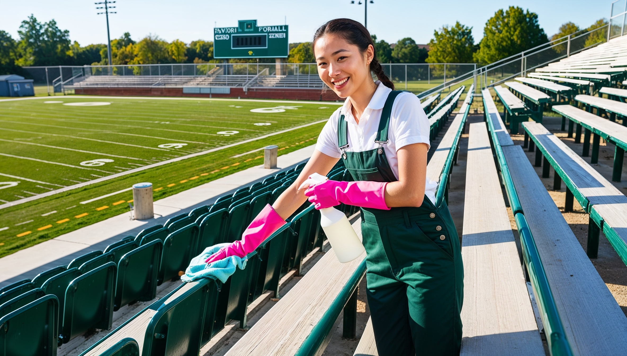 Janitorial Services Highland. A cheerful cleaner dressed in dark green overalls with a white shirt and pink cleaning gloves, smiling as she sanitizes the rows of bleachers beside the school football field. The bleachers overlook the green field, with the school scoreboard in the background. Sunlight casts a warm glow over the bleachers, accentuating the freshly cleaned seating and creating a welcoming game-day atmosphere.