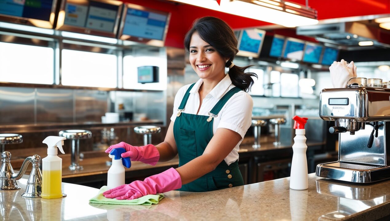 Janitorial Services Highland. A cheerful cleaner in dark green overalls with a white shirt and pink cleaning gloves, smiling as she sanitizes the counter of a busy diner. The counter features shiny bar stools, a register, condiment holders, and a retro coffee machine. The cleaner carefully wipes down the counter with a spray bottle and cloth, ensuring cleanliness.