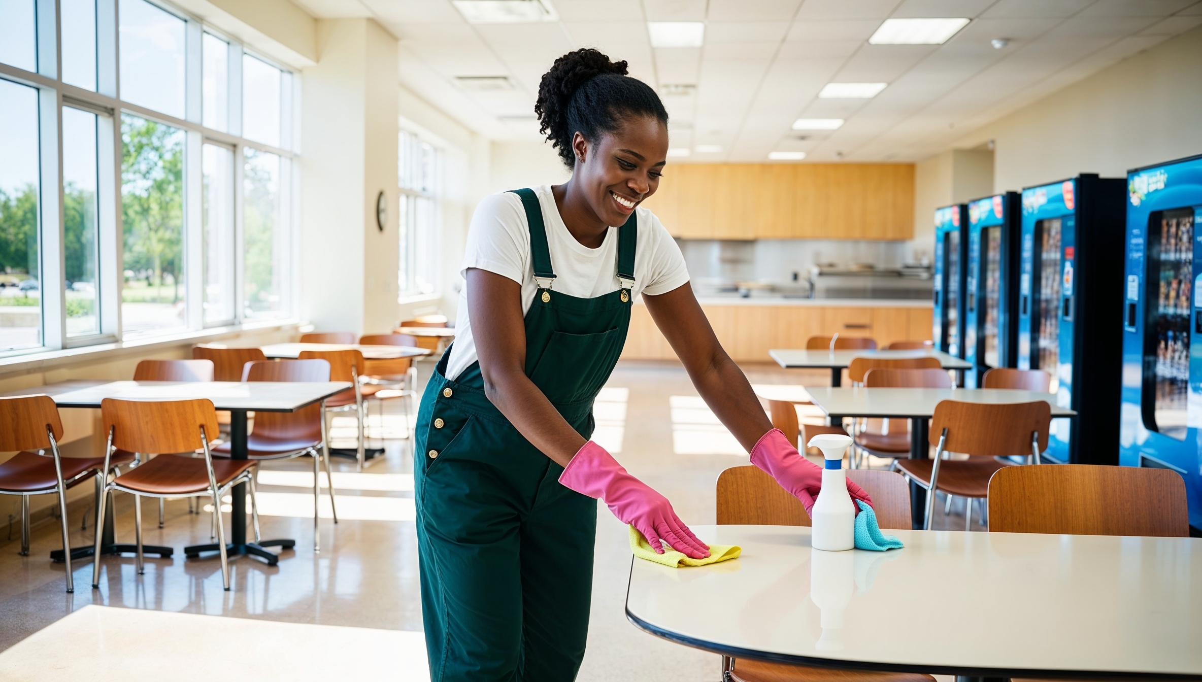 Janitorial Services Hunsville - A cheerful professional cleaner gently smiles as she wipes clean a table in a high school cafeteria. The tables, chairs, floors, and windows all gleam brightly as a testament to her hard work and professionalism.