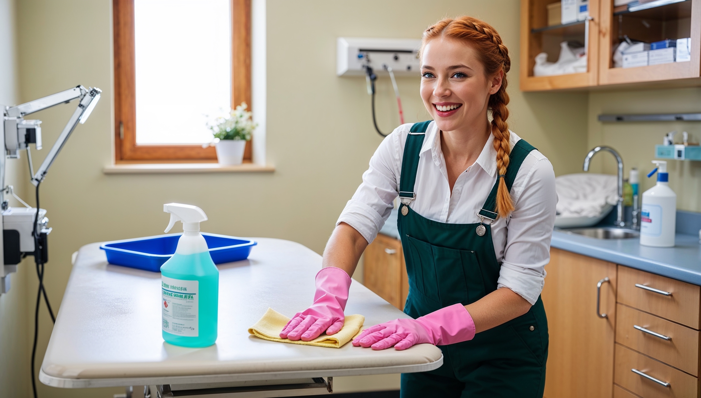 Janitorial Services Hunsville - A smiling professional cleaner in green overalls, a white shirt, and pink gloves efficiently disinfects an examination table in a veterinary clinic. The equipment, countertop, cabinets, and window behind her are all just as spotless and clean as the table she is working on.