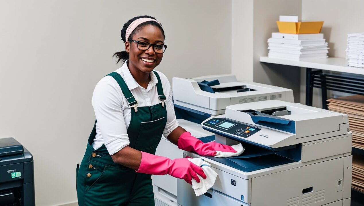 Janitorial Services Kaysville. A professional cleaner wearing dark green overalls with a white shirt and pink cleaning gloves, smiling as she cleans the office copier area. The space has a few copy machines, a paper shredder, and stacks of paper supplies on a nearby shelf. The cleaner uses a spray bottle and cloth to wipe down the top of a copier, carefully removing dust and fingerprints.