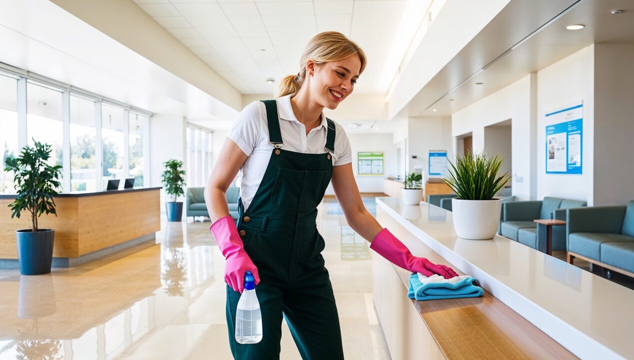 Janitorial Services Kearns - A cheerful professional cleaner in green overalls sanitizes a counter in a bank. The floor has been freshly mopped and is gleaming and immaculate. Behind her are spotless chairs and potted plants with shining pots.