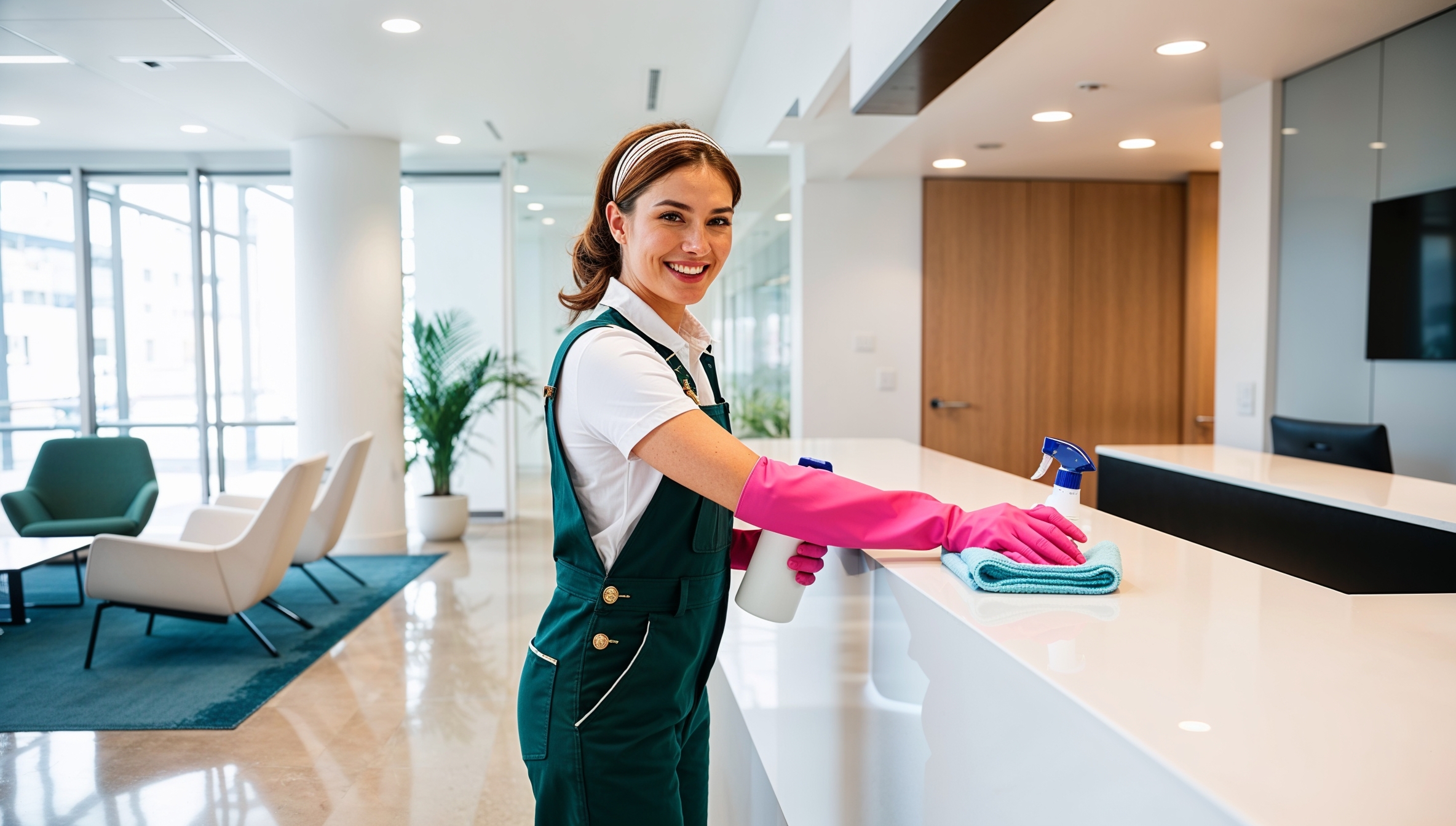 Janitorial Services Lindon. A professional cleaner wearing dark green overalls with a white shirt and pink cleaning gloves, smiling as she sanitizes the spacious bank lobby. The cleaner holds a spray bottle and cloth, carefully wiping down a customer service desk. Natural light filters in through large windows, reflecting off the polished floors and creating a welcoming, professional atmosphere.