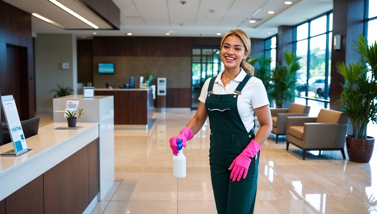 Janitorial Services Logan - A cheerful professional cleaner poses, smiling, in front of a freshly mopped and gleaming bank floor. The counters next to her have been sanitized and polished to perfection, and the waiting chairs behind her as spotless.