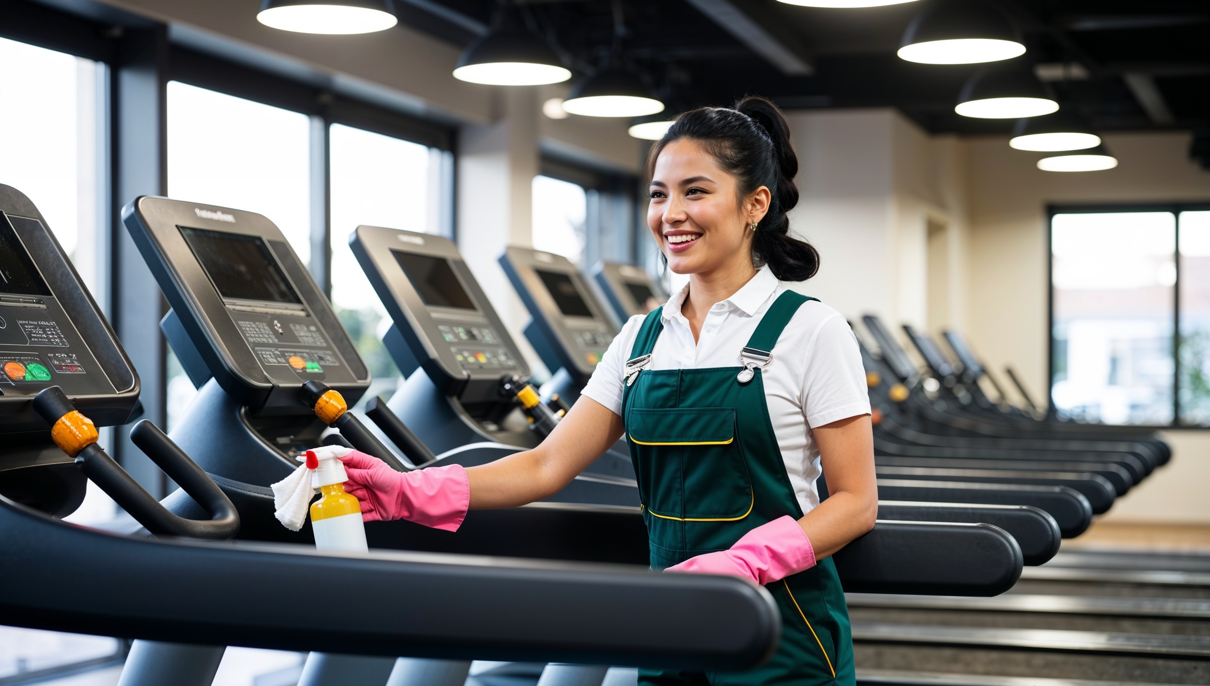 Janitorial Services Logan - A smiling professional cleaner wearing green overalls disinfects the handle bars of a treadmill. Behind her are a row of other freshly cleaned treadmills in a brightly lit gym.