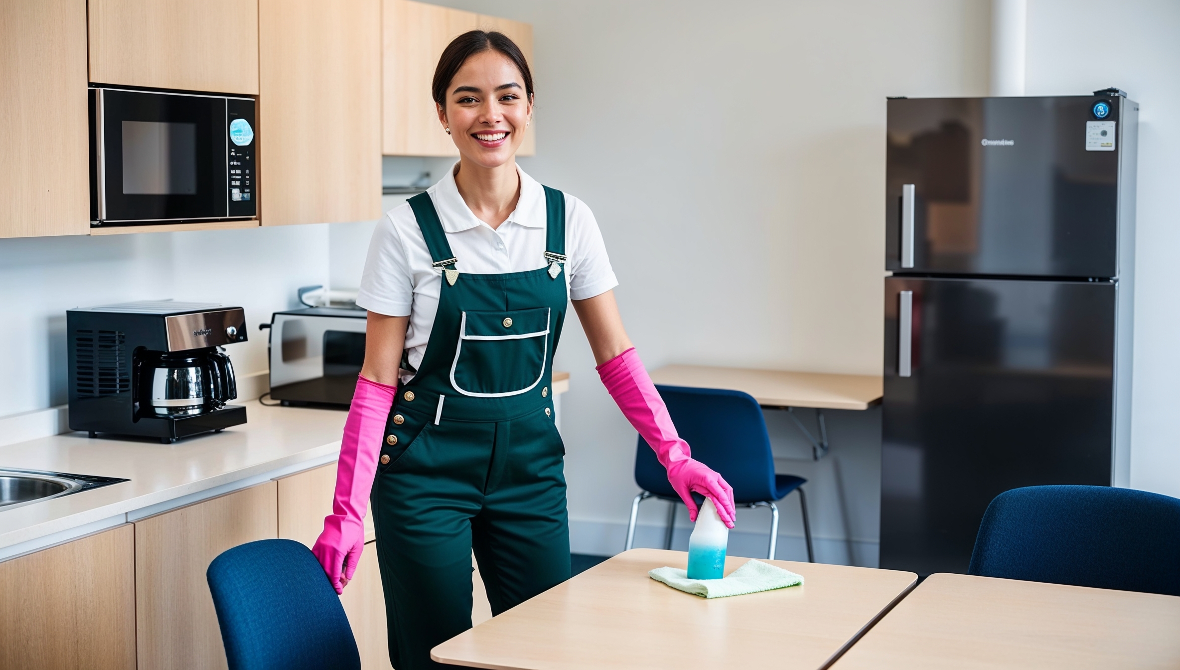 Janitorial Services Magna - A smiling professional worker in green overalls, a white shirt, and pink gloves shows off her work. She is wiping clean an office breakroom table, and the beige tabletop is spotless, as are the blue chairs, fridge, countertops, cabinets, and kitchen appliances that surround it.