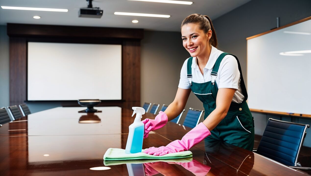 Janitorial Services Magna - A cheerful professional cleaner wearing a white shirt, green overalls, and pink gloves disinfects and wipes a conference room table. The table is so clean it clearly reflects the freshly wiped projection board and white board, as well as the chairs, that surround it.