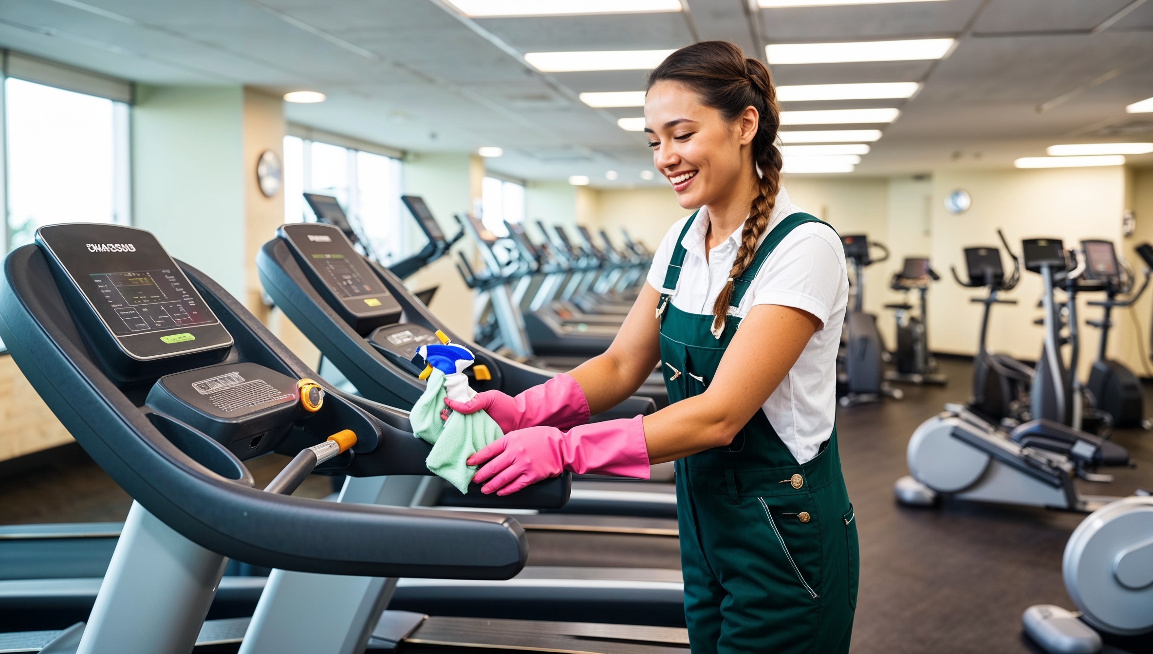 Janitorial Services Magna - A cheerful professional cleaner clad in green overalls, a white shirt, and pink gloves sanitizes the bars of a treadmill. Behind her is a row of other, freshly-cleaned treadmills and gym equipment. The floor is spotless, as are the tall windows and lights.