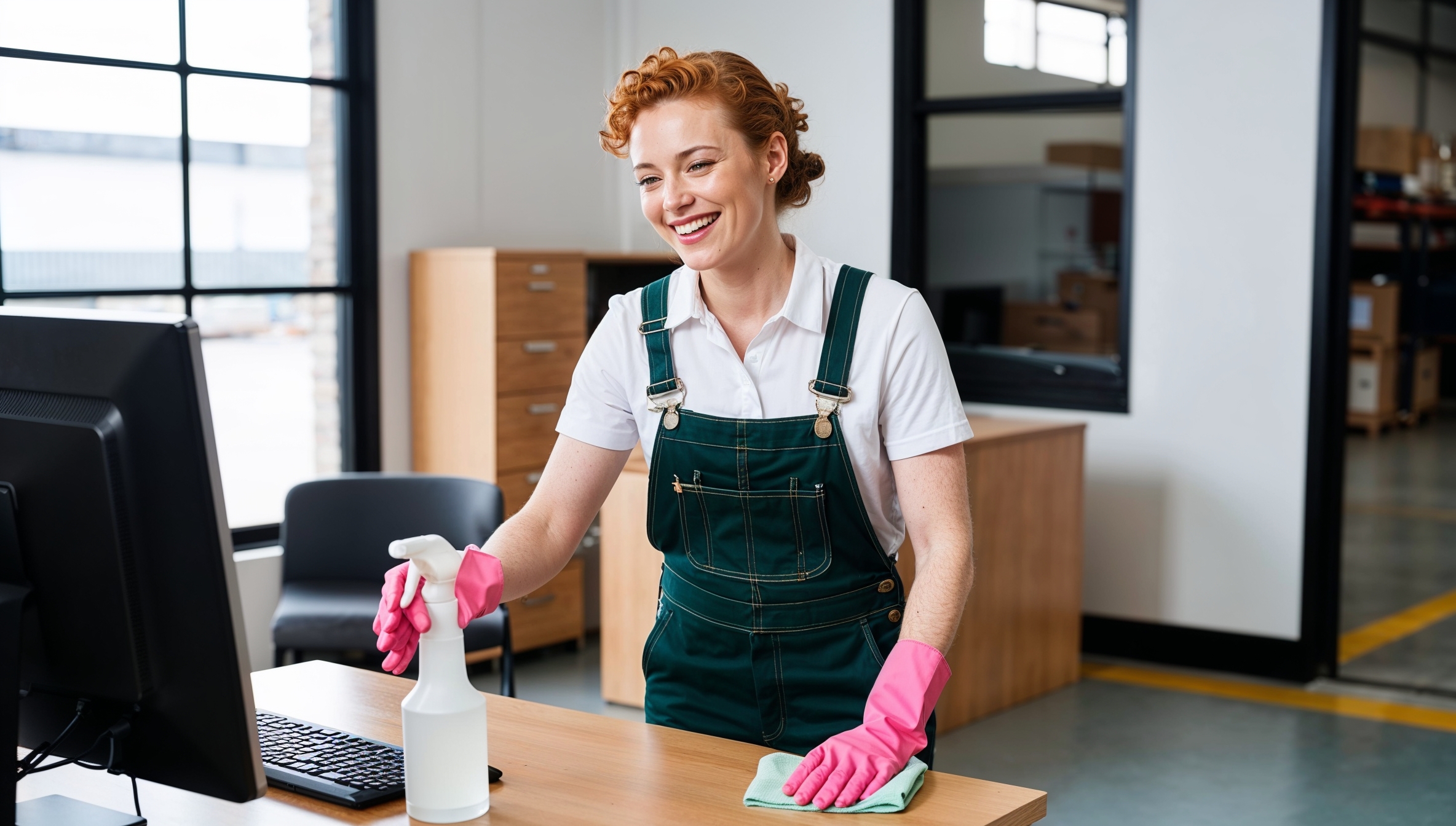 Janitorial Services Midvale. A professional cleaner in dark green overalls with a white shirt and pink cleaning gloves, smiling as she sanitizes a small warehouse office. The office contains a desk with a computer, file cabinets, and paperwork scattered neatly across the workspace. The cleaner uses a spray bottle and cloth to wipes down the desk, emphasizing cleanliness and hygiene.  