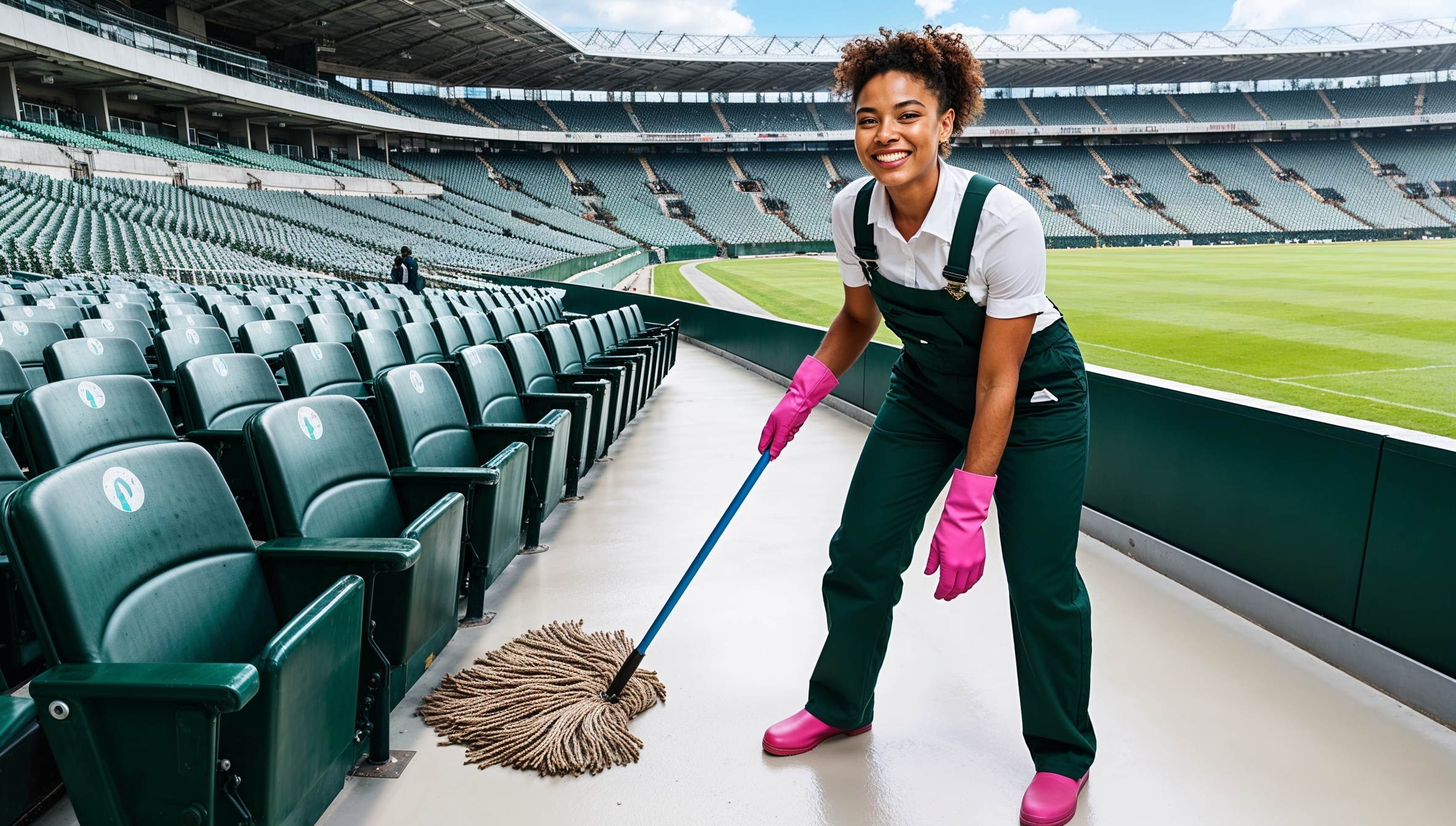 Janitorial Services Midvale.  professional cleaner in dark green overalls, white shirt, and pink gloves, smiling as she cleans a section of the stadium’s seating area. The seating is a vast array of brightly colored seats, with a spectacular view of the field below. The cleaner uses a cloth to wipes down armrests and seats, ensuring they’re ready for the audience.  