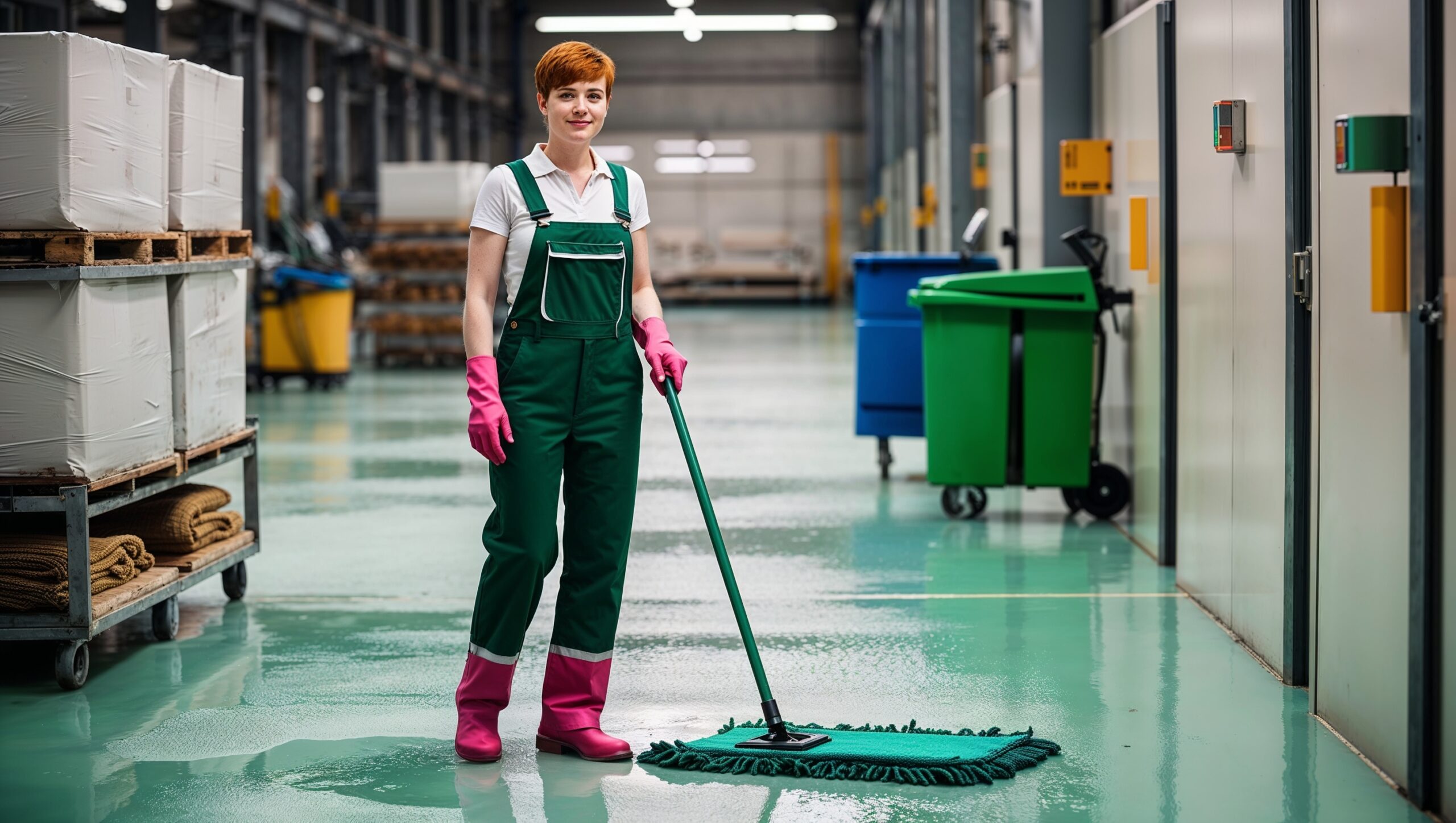 Janitorial Services Morgan - A smiling professional cleaner wearing green overalls, a white shirt, and pink gloves mops the floor in a manufacturing plant. The The palettes, walls, and containers behind her are spotless after having been freshly cleaned.