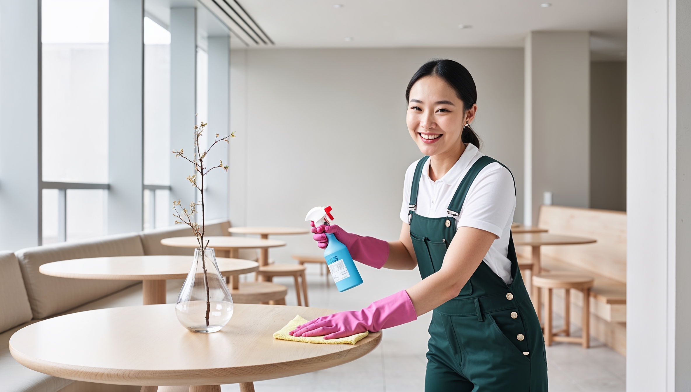 Janitorial Services North Ogden. A professional cleaner in dark green overalls with a white shirt and pink cleaning gloves smiles while cleaning a sleek, minimalist Korean-style cafe. The cafe has light wood tables, simple seating, and uncluttered decor. The cleaner holds a spray bottle and a cloth, wiping down a minimalist wooden table with a delicate vase containing a single branch.  