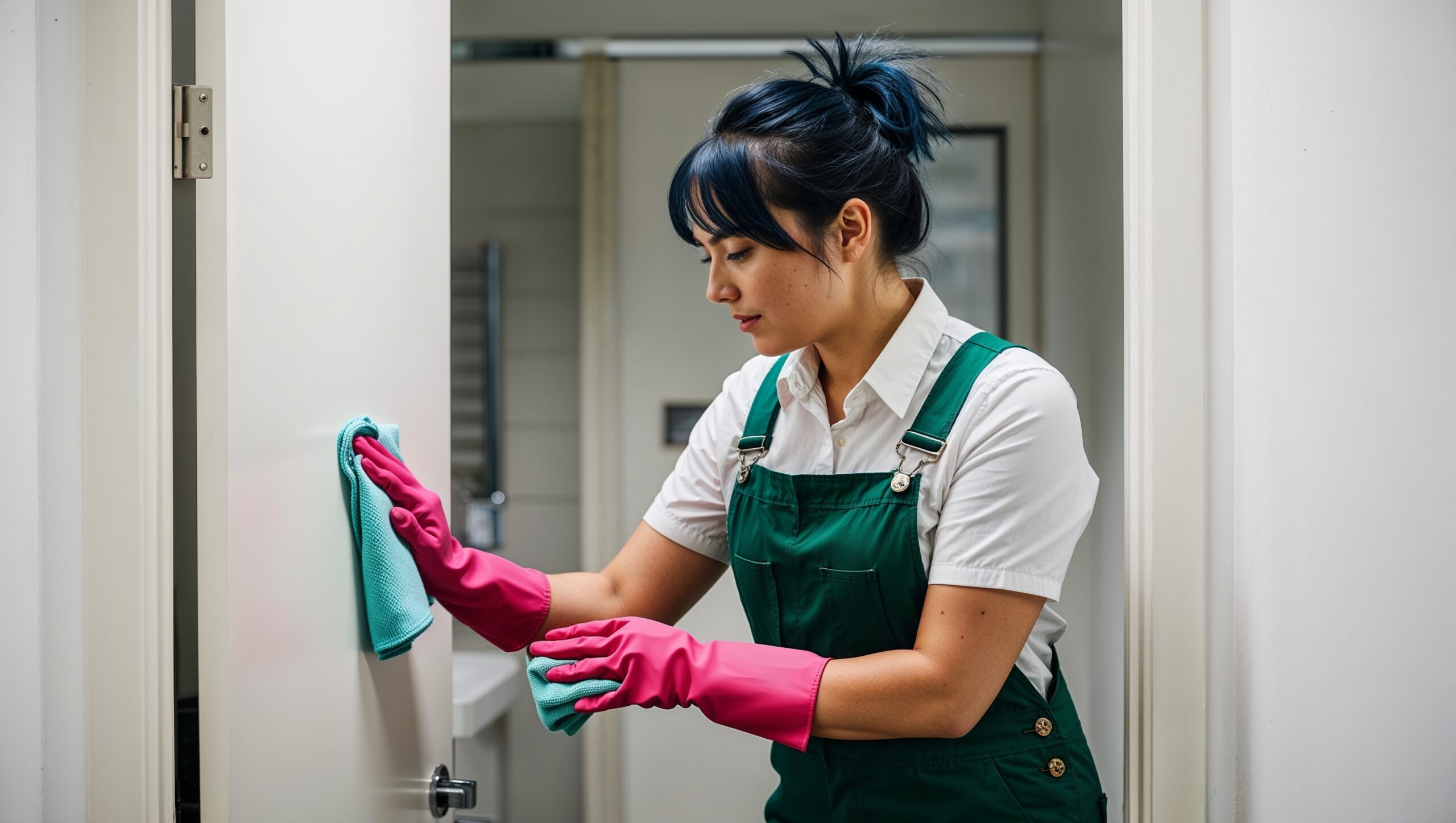 Janitorial Services Ogden - A professional cleaner wearing green overalls cleans a bathroom door. Behind her are freshly cleaned walls.