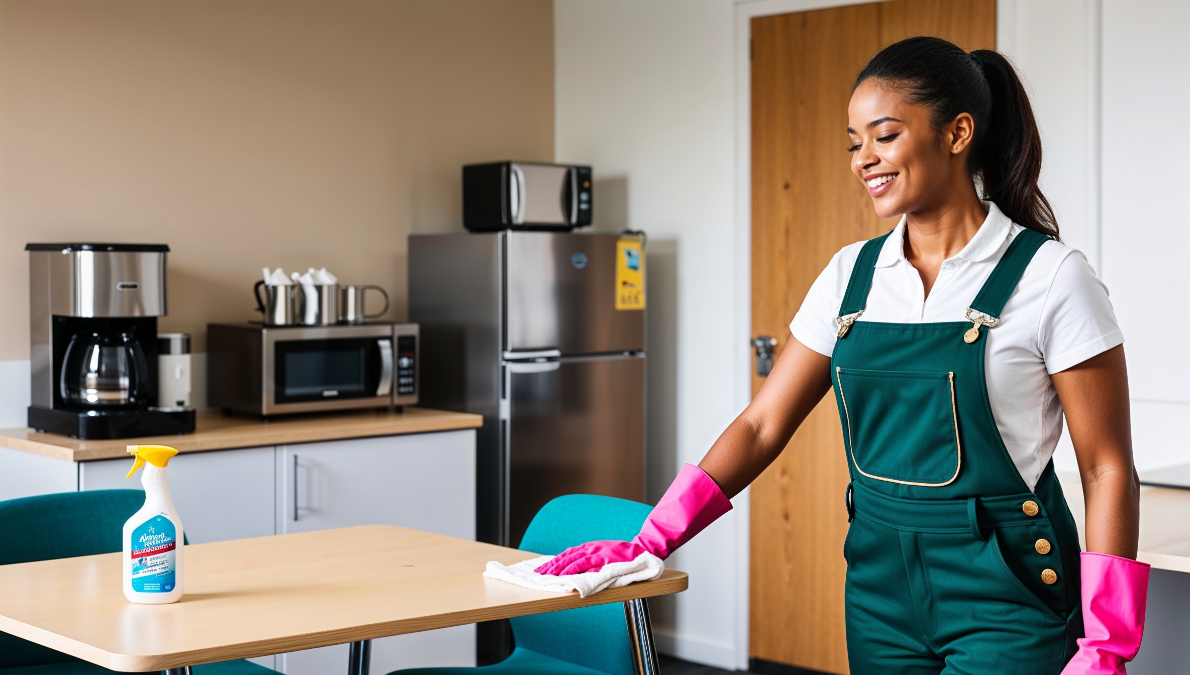 Janitorial Services Orem - A smiling professional cleaner in green overalls and pink gloves wipes clean the table in an office break room. Behind her are immaculately clean kitchen appliances and a gleaming fridge.