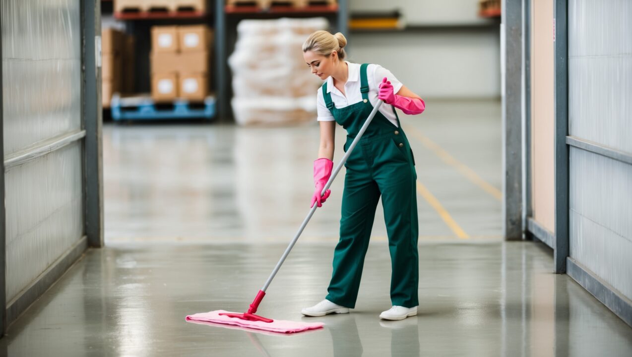 Janitorial Services Orem - A smiling professional cleaner in green overalls and pink gloves mops the floor of a warehouse clean. The floor is spotless, as are the items on the pallets behind her.